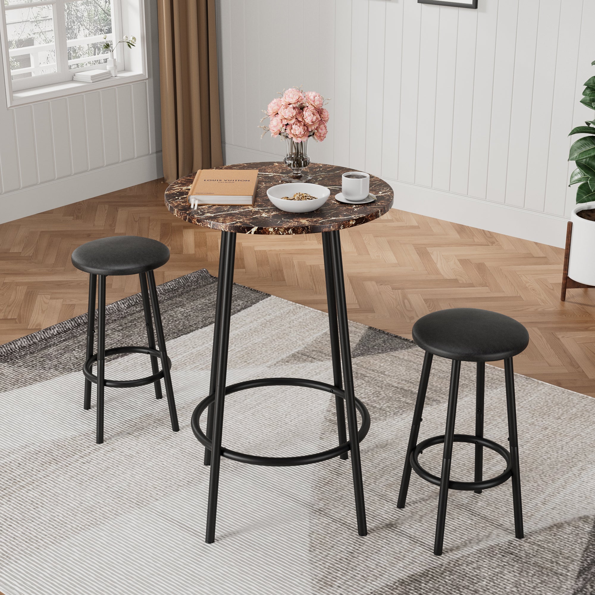 3-Piece Counter-Height Bar Table Set, Round Faux Marble Top, 2 Stools