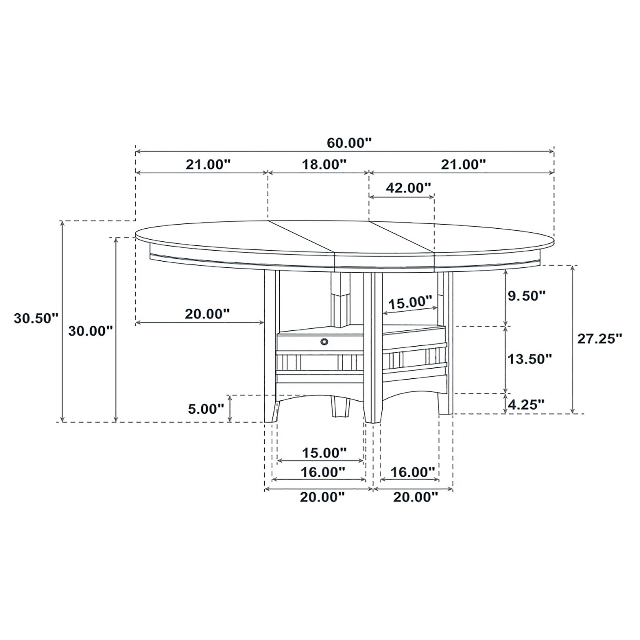 Dimension diagram of the table: 60 in wide, 30 in high, with storage base measurements