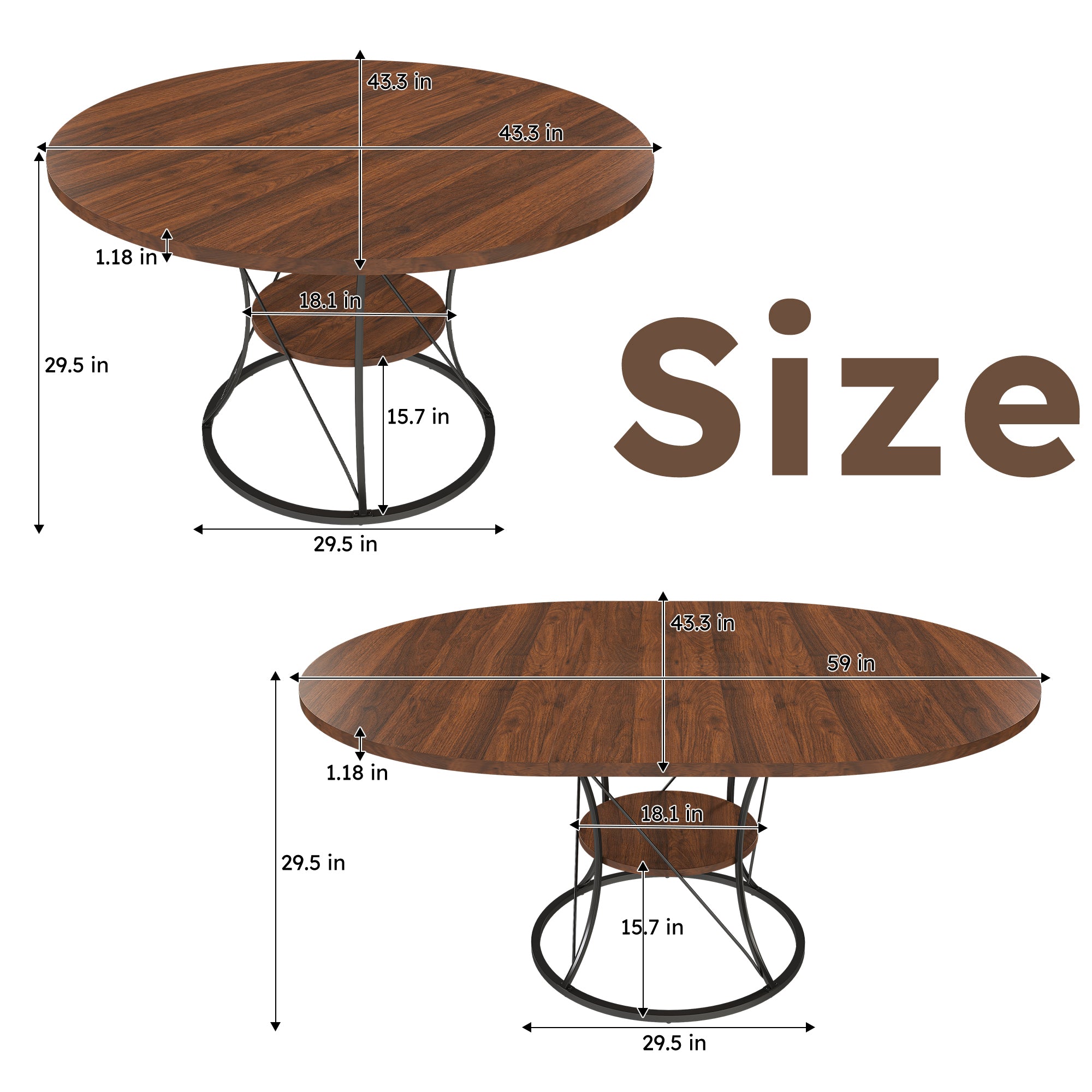 Dimension diagram of the extendable table: 43.3 inch round and 59 inch oval, 29.5 inch height, storage shelf