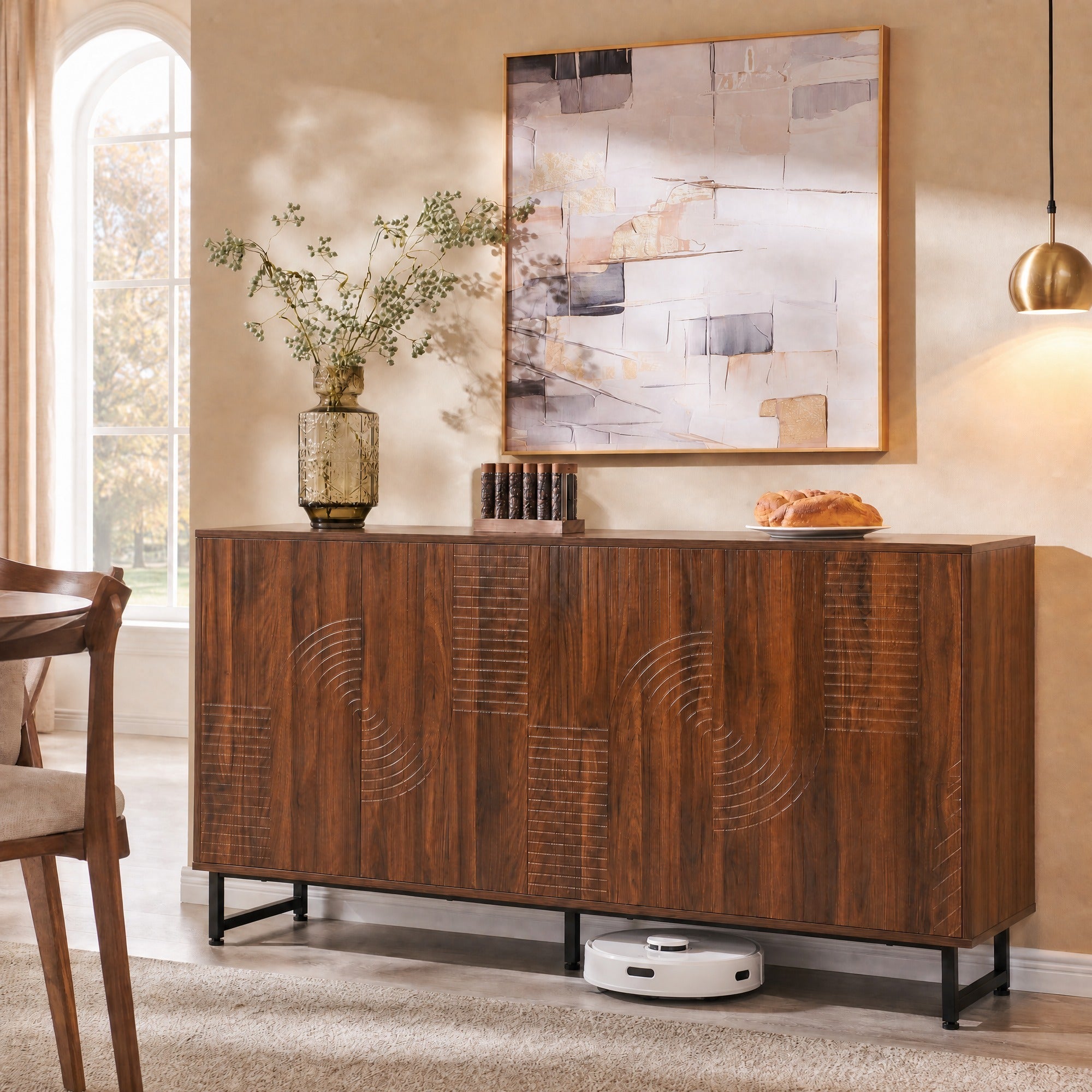 Mid-Century Walnut Sideboard Buffet, 59 in Geometric Carved, 4 Doors
