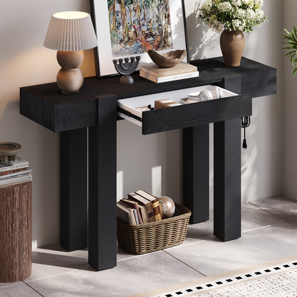 Black Entryway Console Table with Storage, 47.3 in Wide