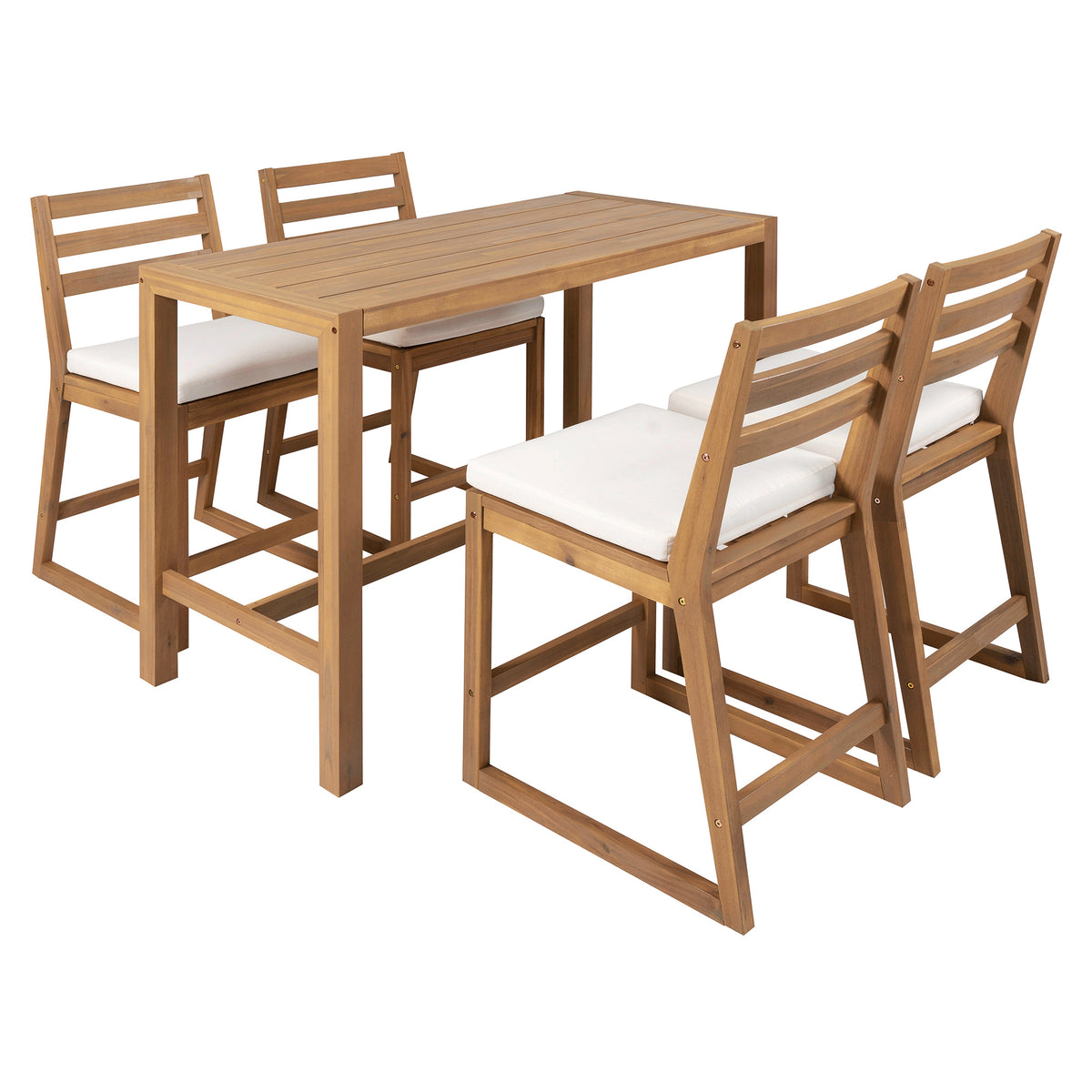 Teak Finish Solid Wood 5-Piece Outdoor Bar Set for 4 with Cushions