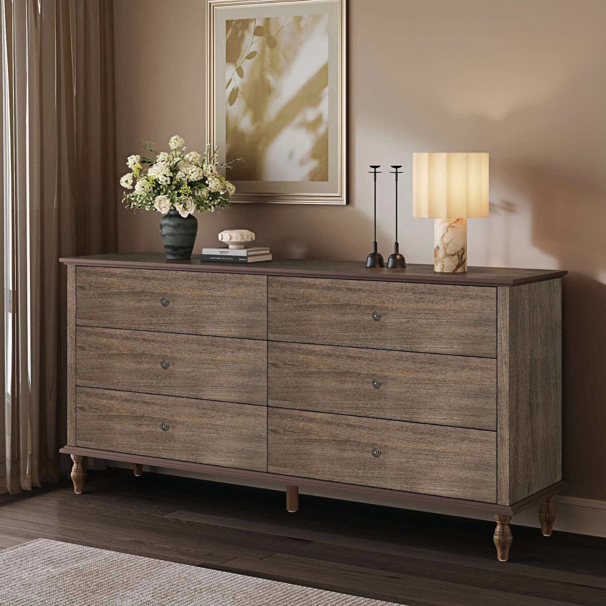Deep Brown 6-Drawer Dresser, Soft-Close, Double Wide