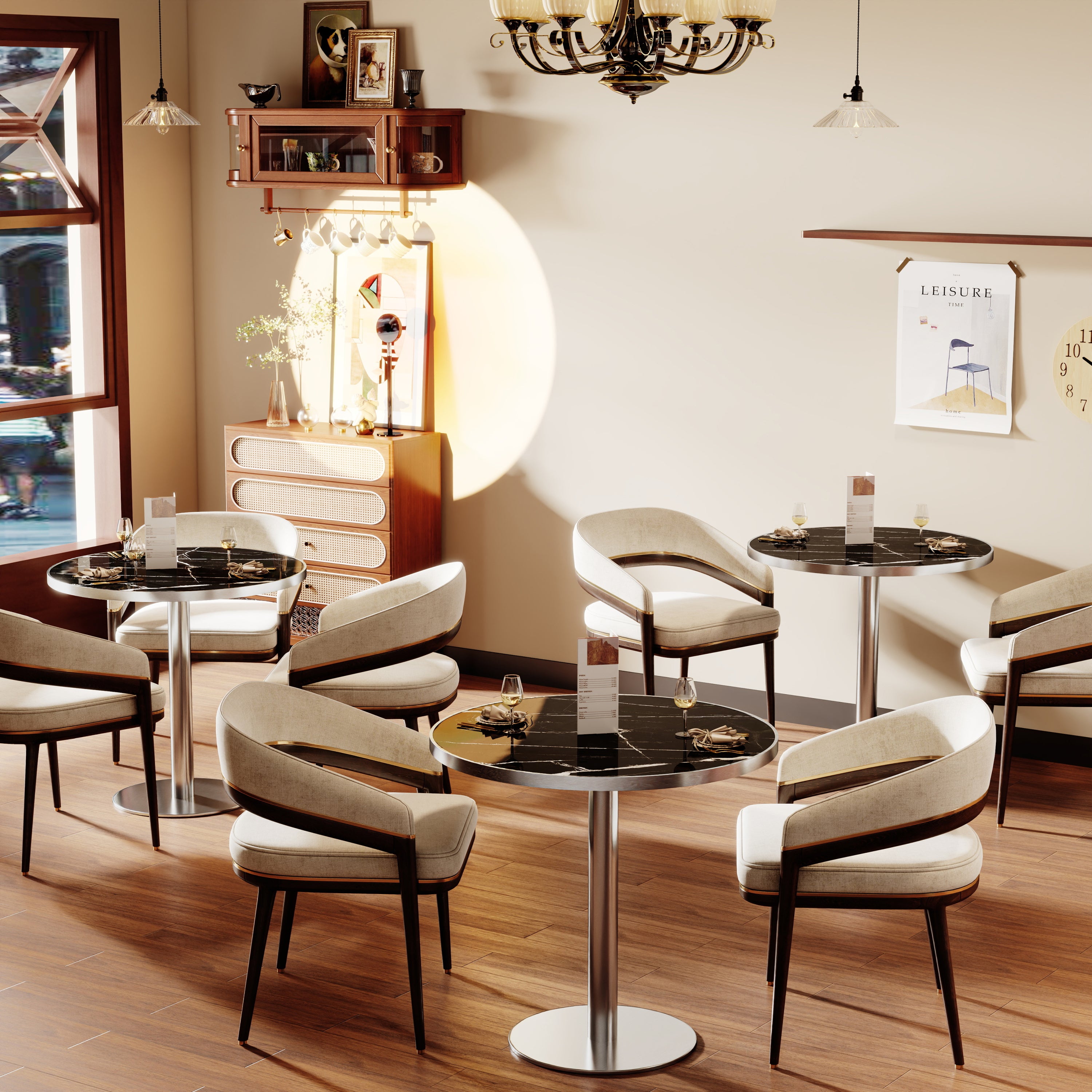 Several black marble-look bistro tables with cream chairs set in a styled cafe interior