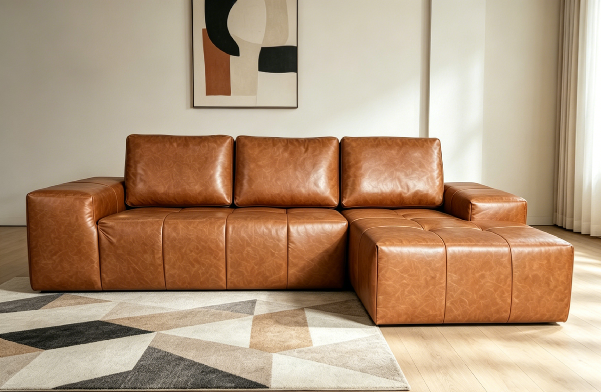 Brown Vegan Leather L-Shaped Modular Sectional, Right-Facing Chaise
