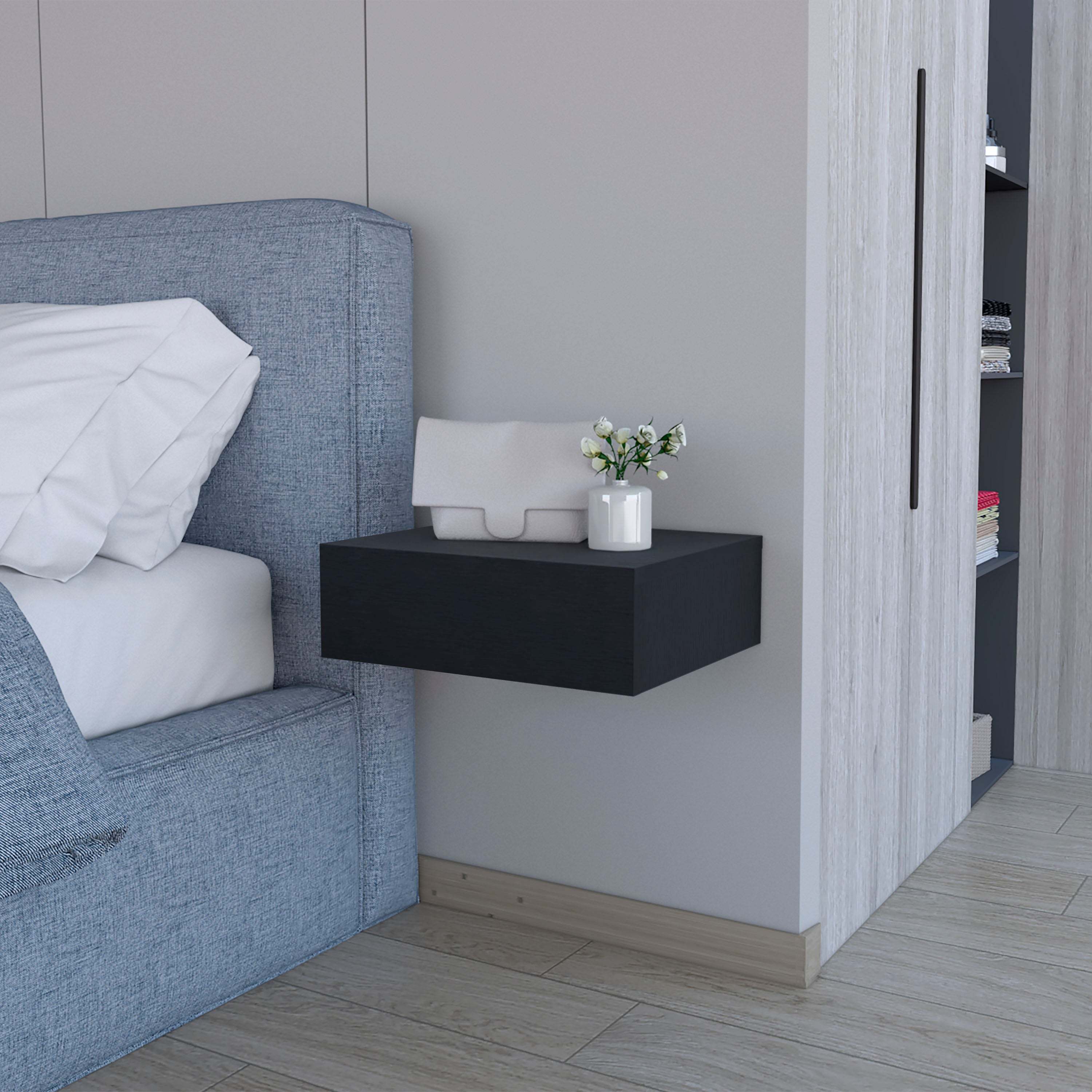 Black Floating Nightstand, Wall Mounted with Drawer