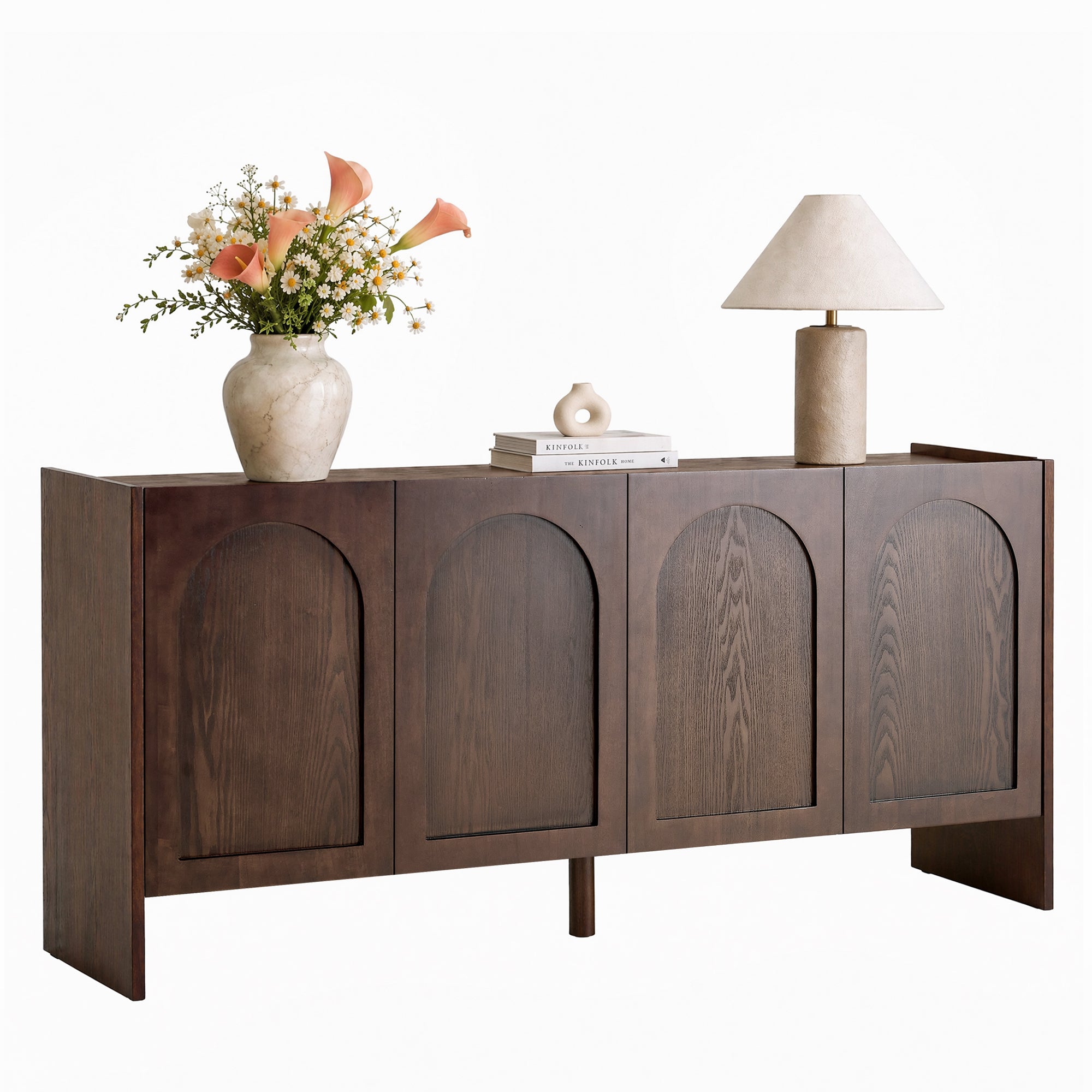 Mid-Century Walnut Sideboard, 63in Arched 4-Door Credenza