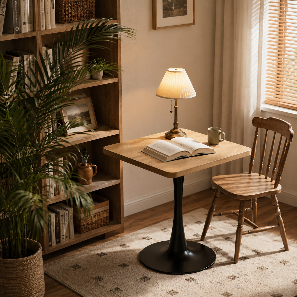 Natural square tulip bistro table styled in a cozy reading nook with a lamp, open book, and wood chair