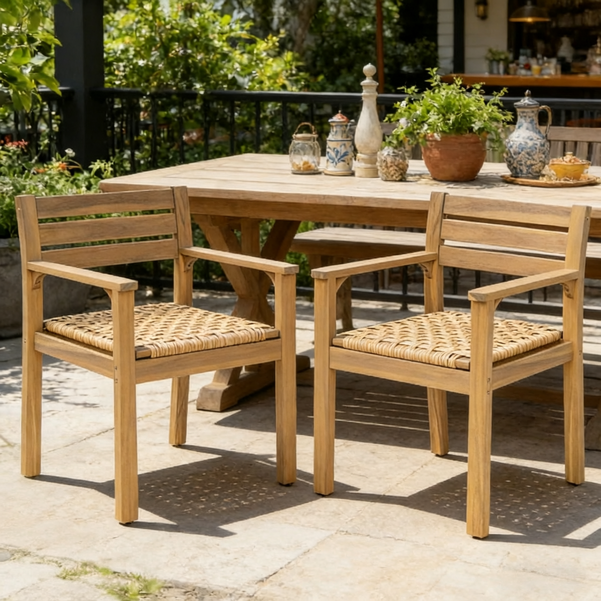 Teak Finish Solid Wood Outdoor Dining Chair, Set of 2, with Arms, 33.5 in Tall