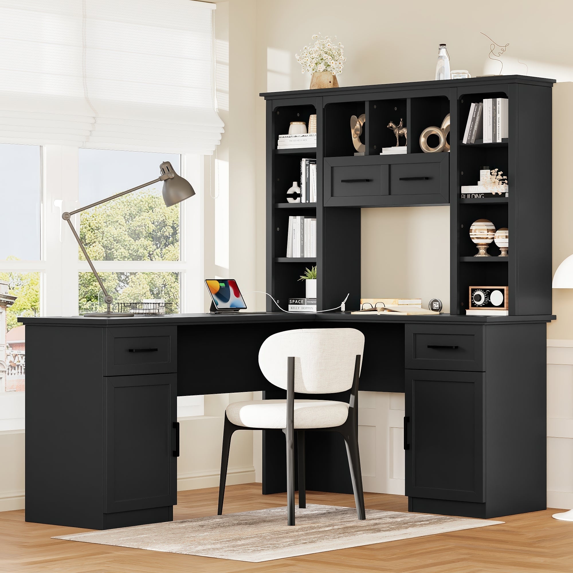 L-Shaped Computer Desk with Drawers, Workstation, 65 in, Black