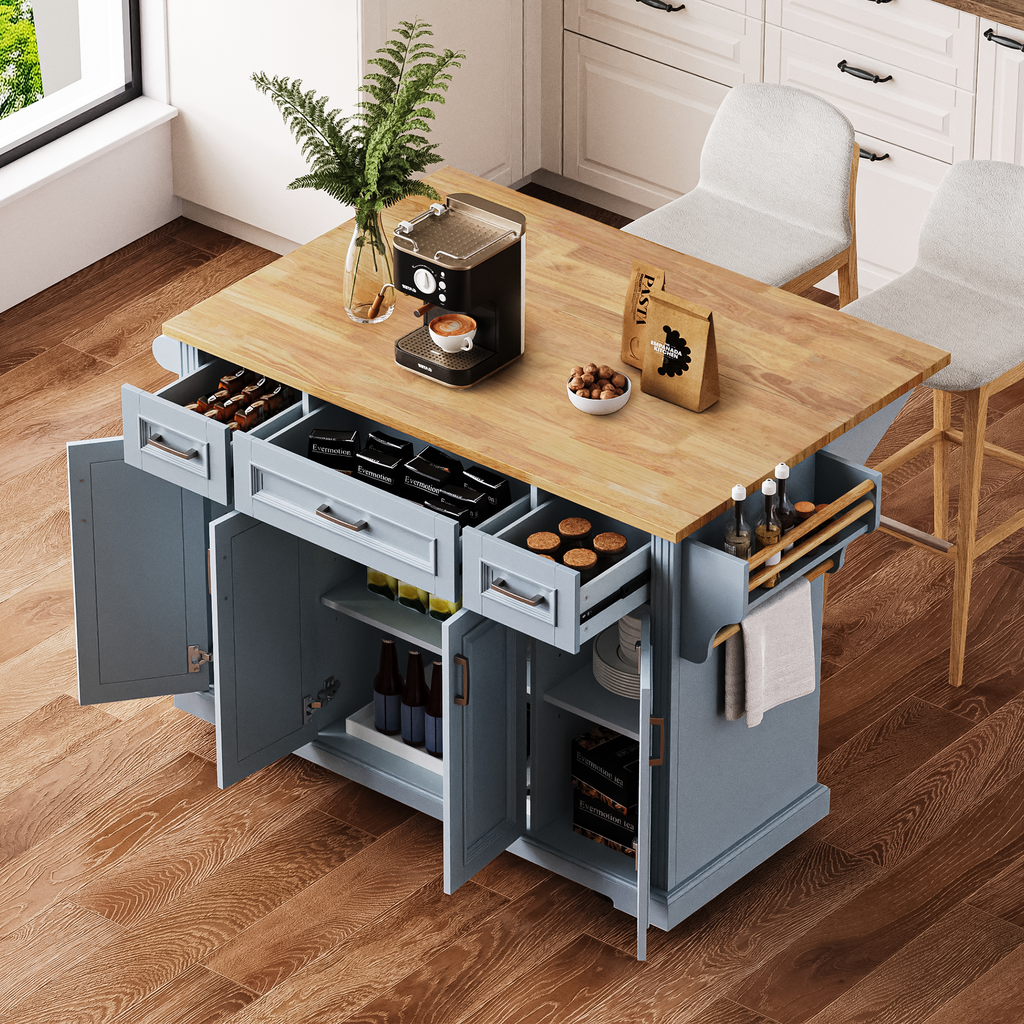 54in Kitchen Island with Drop-Leaf, Grey Blue, 4-Door 3-Drawer