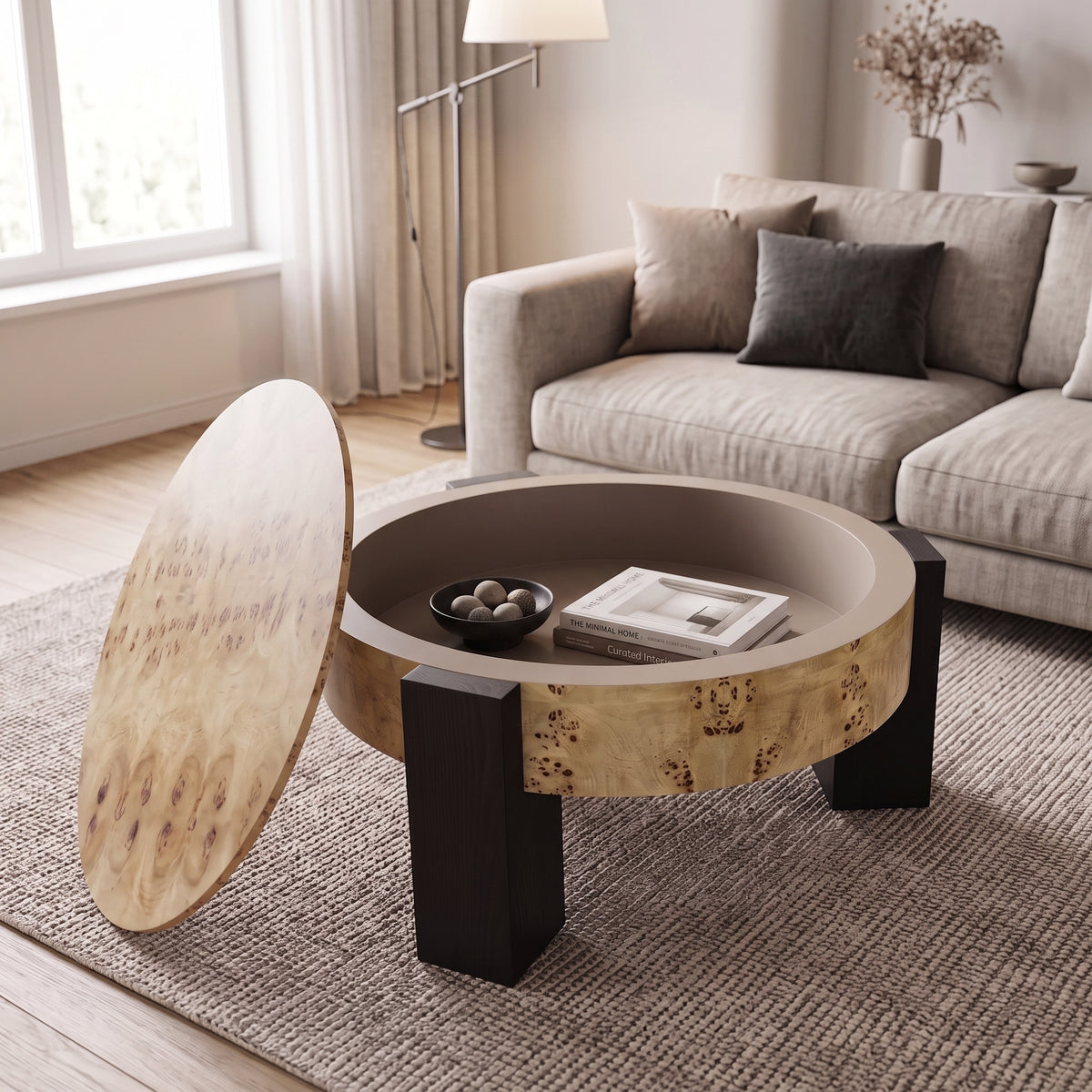 Black Round Coffee Table with Storage, 33.1 in, Burl Wood