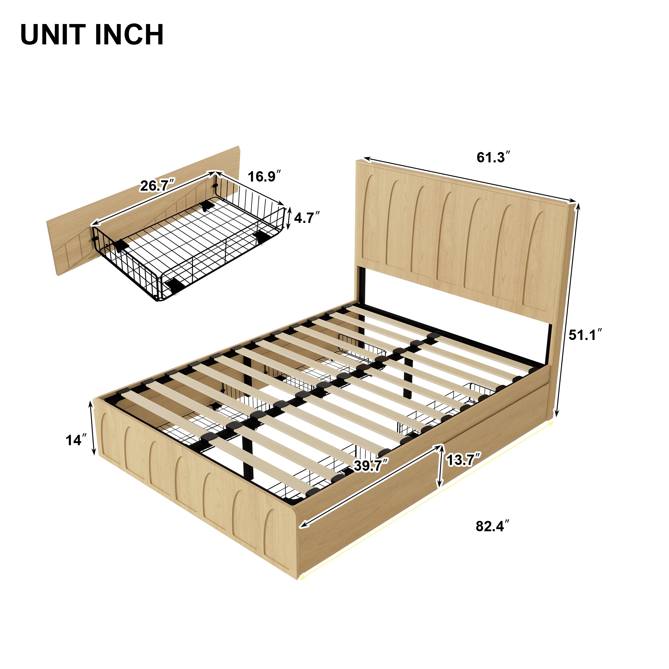 Dimension diagram of the queen bed frame with drawers: 82.4 in long, 61.3 in wide, 51.1 in tall #Color_Oak