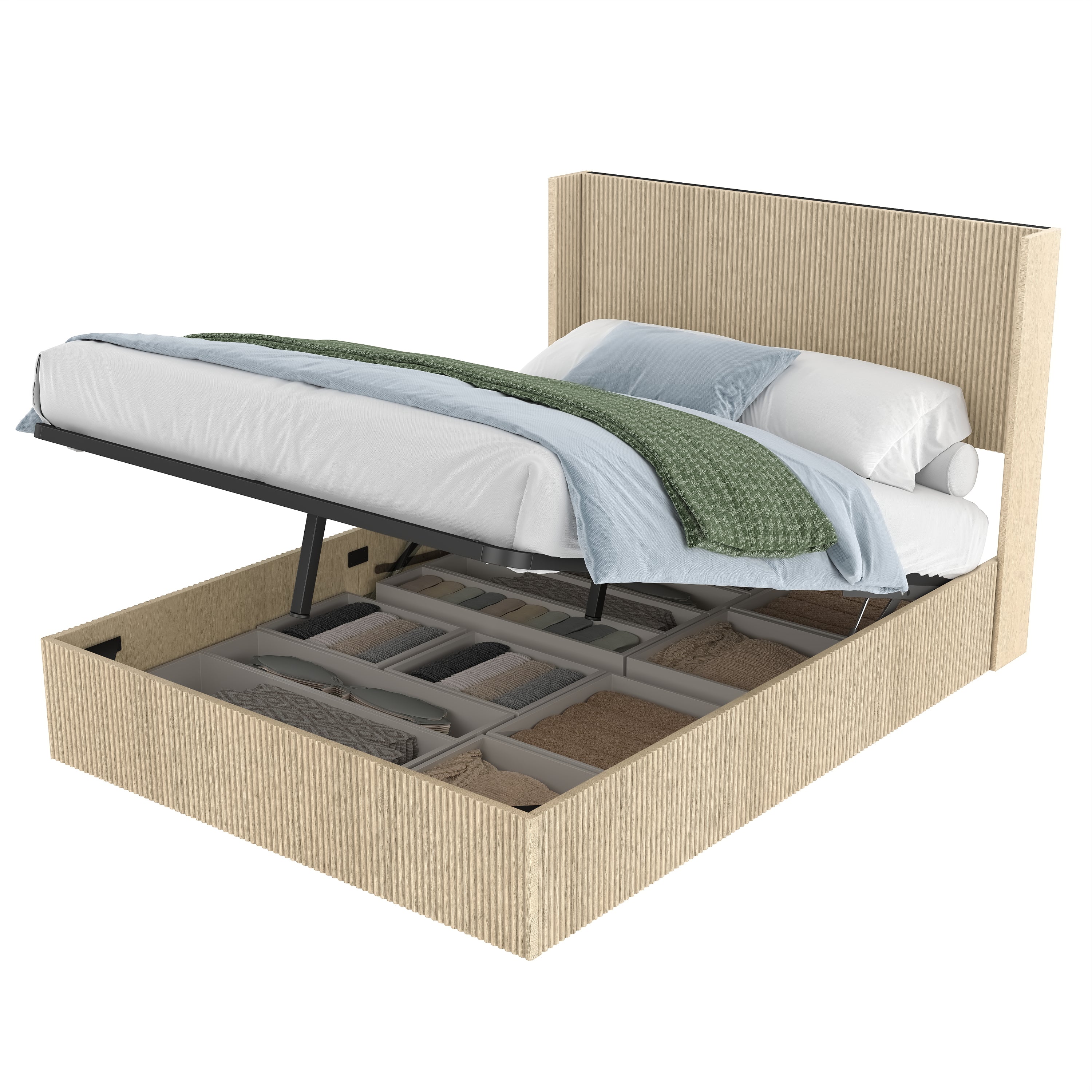 Studio shot of the oak lift-up storage bed raised on gas struts, storage box filled with organizers