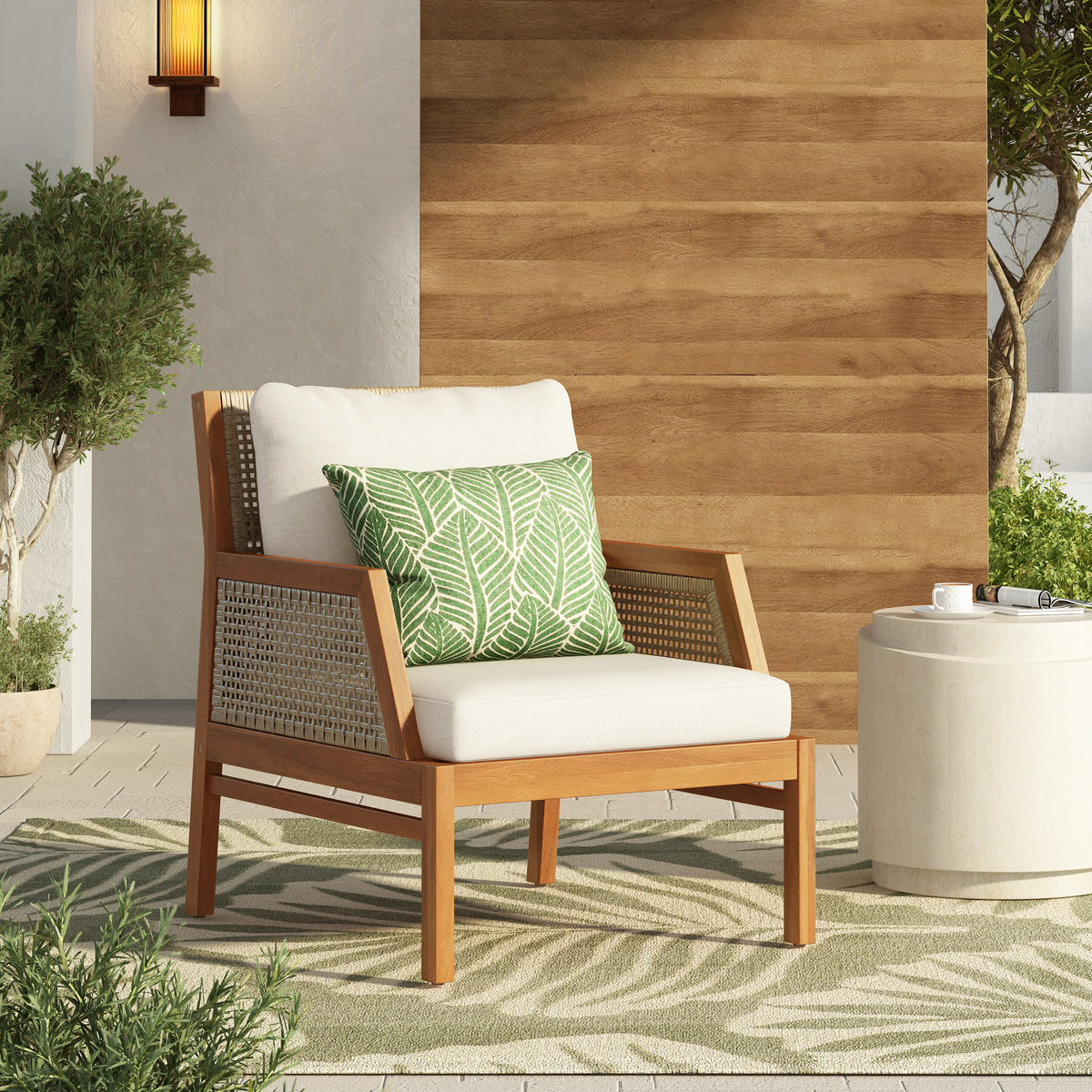 Teak Finish Solid Wood Outdoor Lounge Chair with Cream Cushions