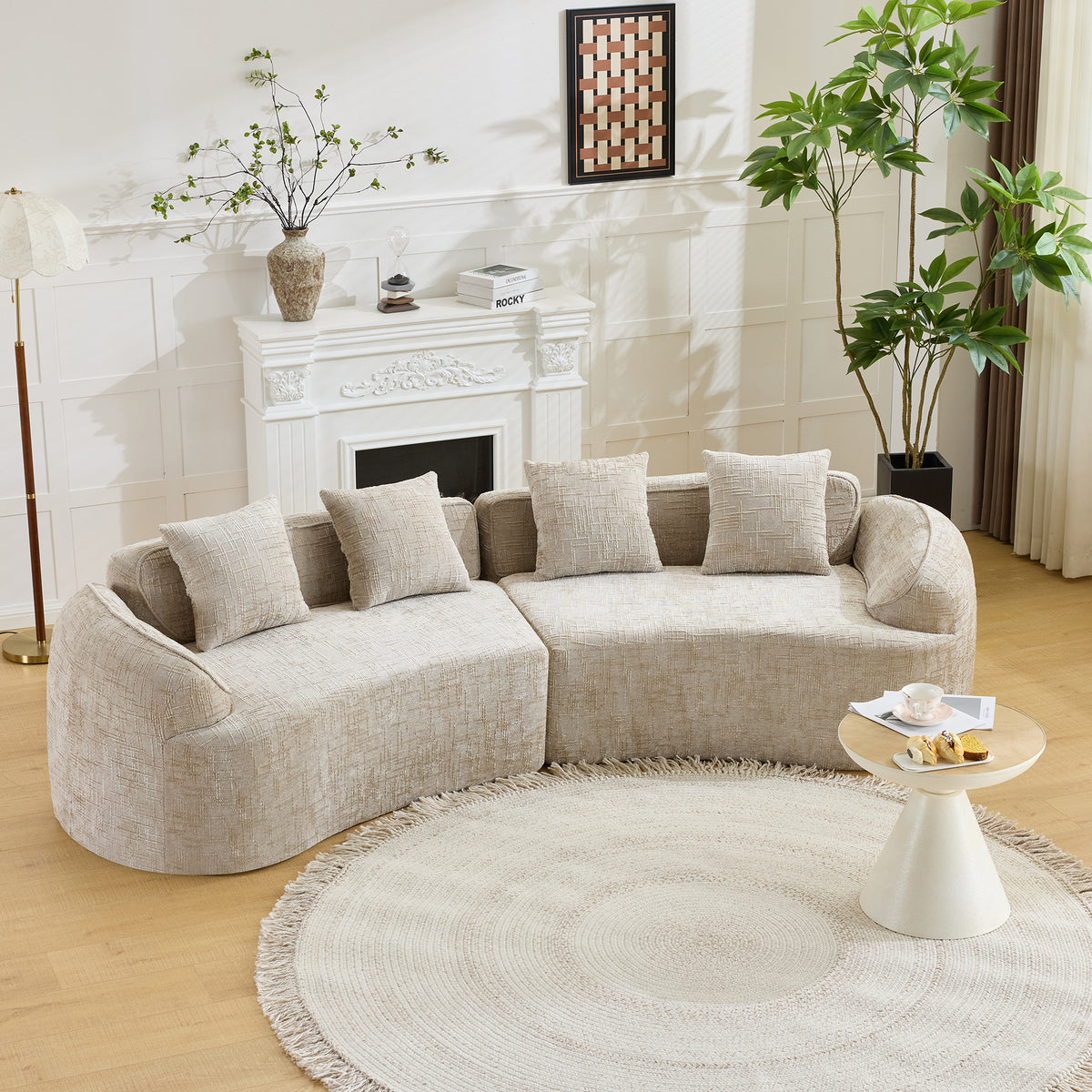 Khaki Chenille 4-Seat Curved Sofa, No Assembly, 109.5 in Wide