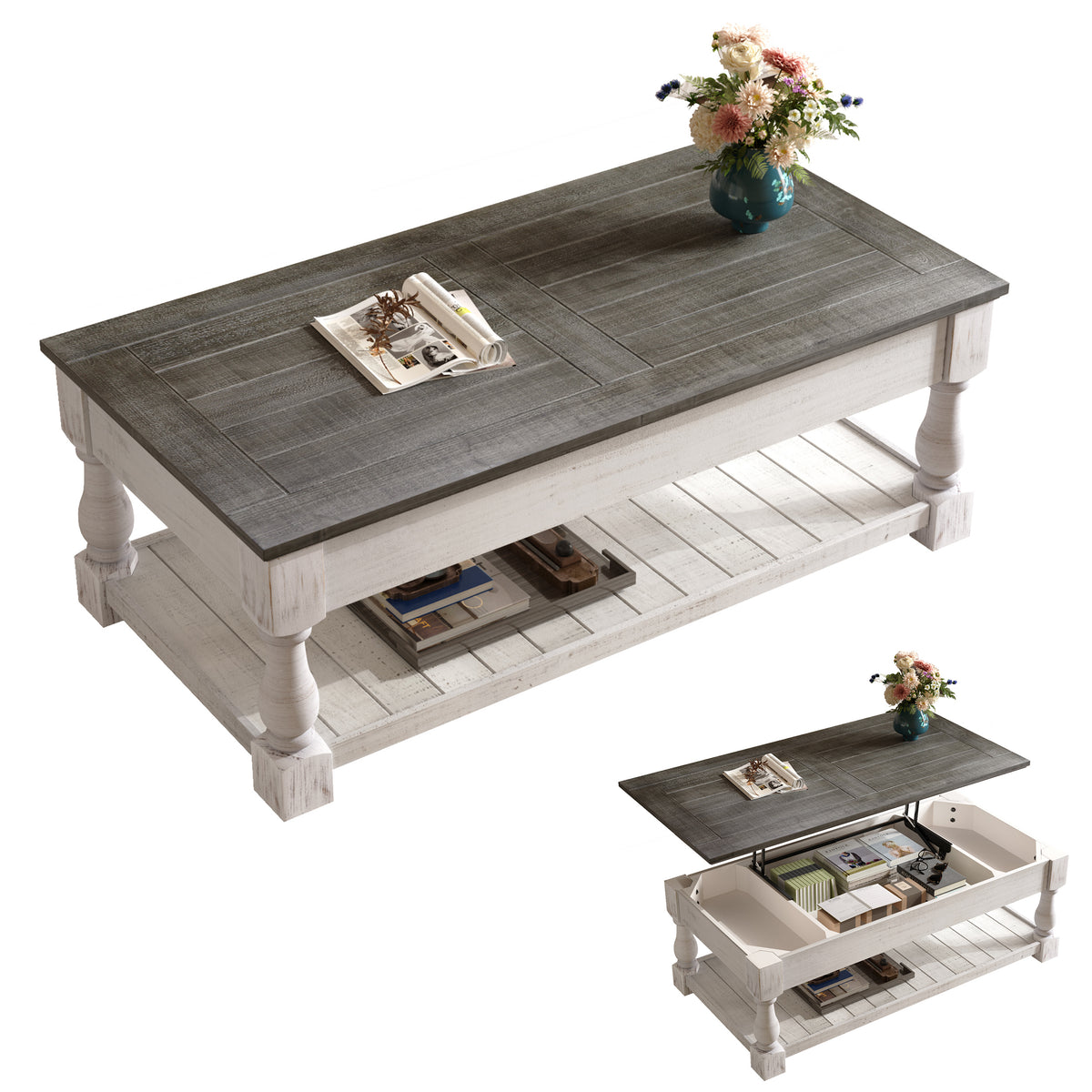 White Rectangular Lift-Top Coffee Table, 47.2 in