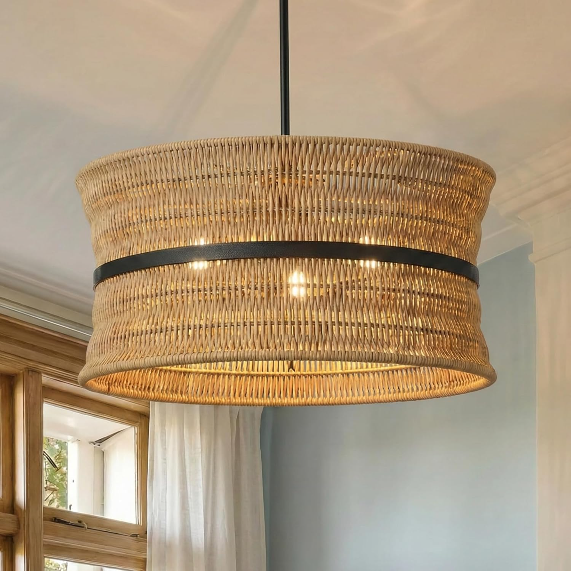 Chandelier with Hand-Woven Rattan Shade, 4-Light Dimmable, Beige