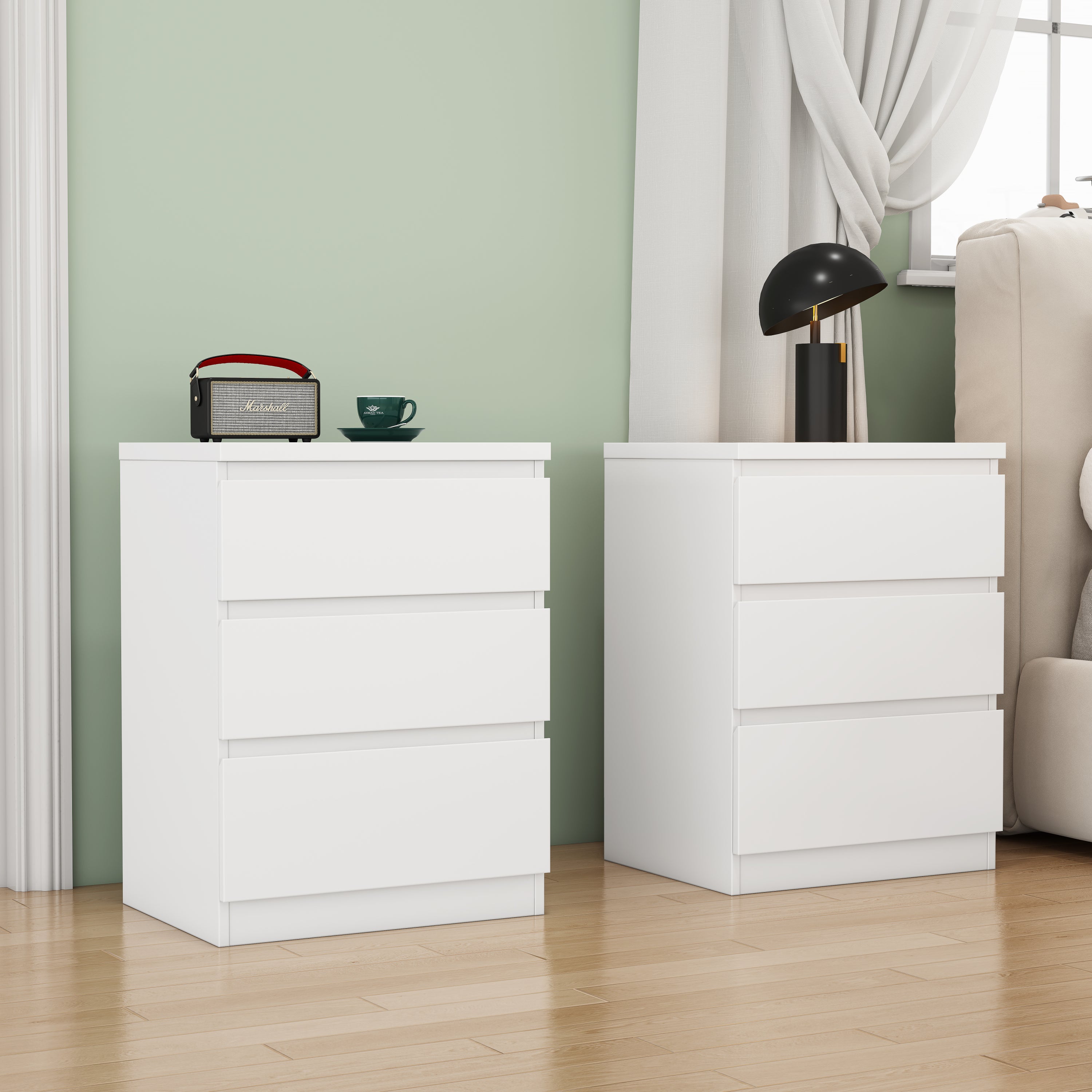 White Nightstand Set of 2 with 3 Drawers Each