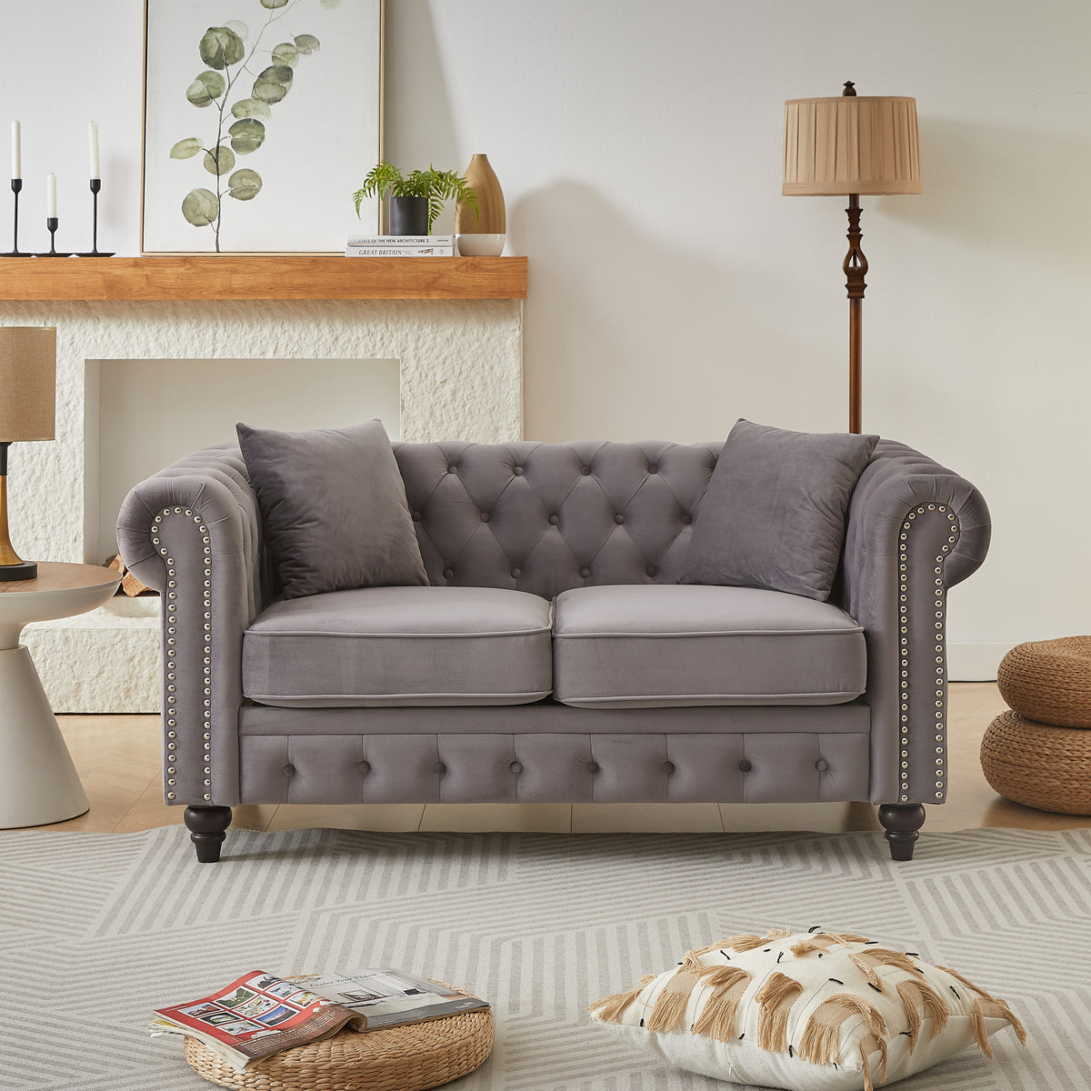 Gray Velvet 2-Seat Chesterfield Sofa, 63.5 in Wide
