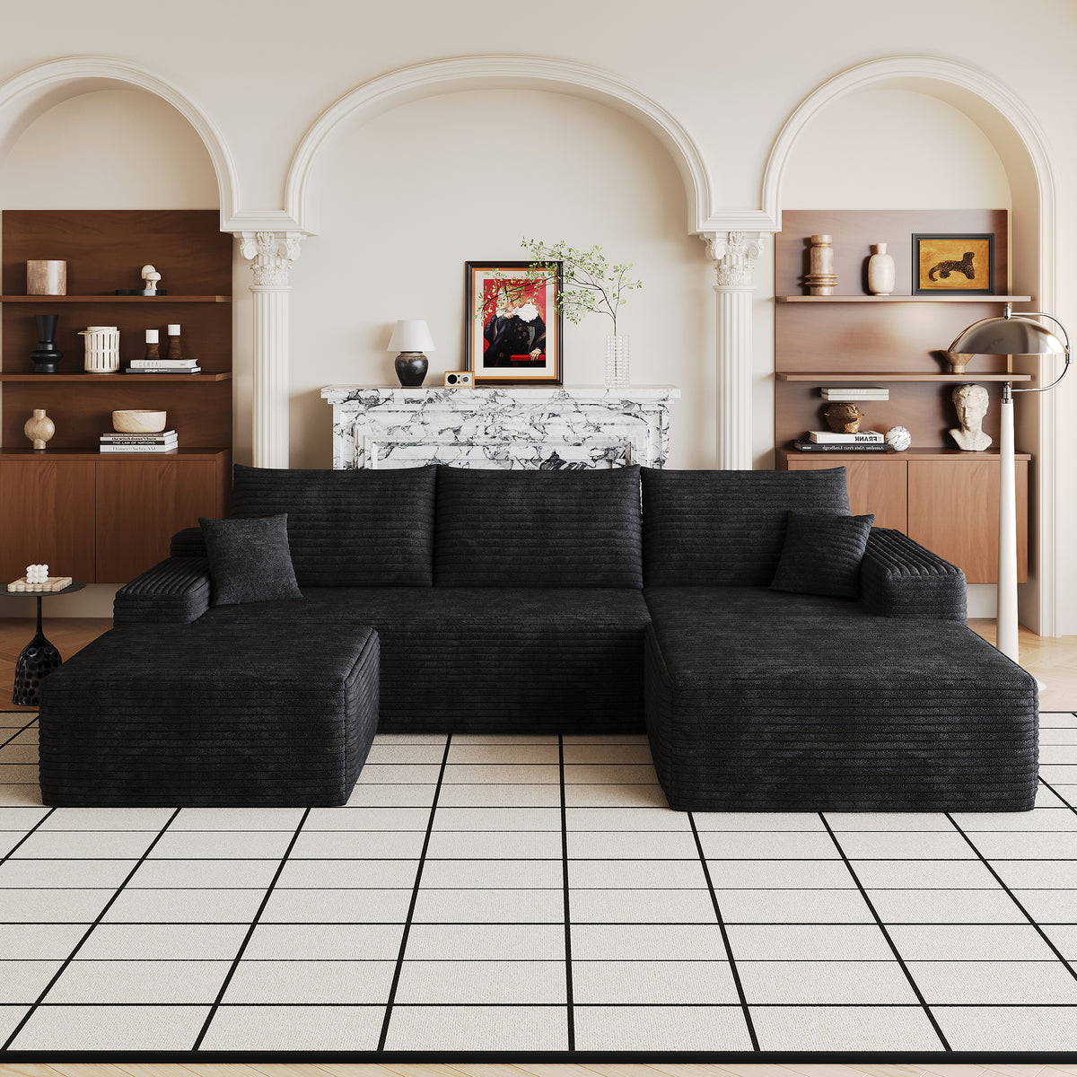 Black Corduroy U-Shaped Sectional with Ottoman, Right-Facing
