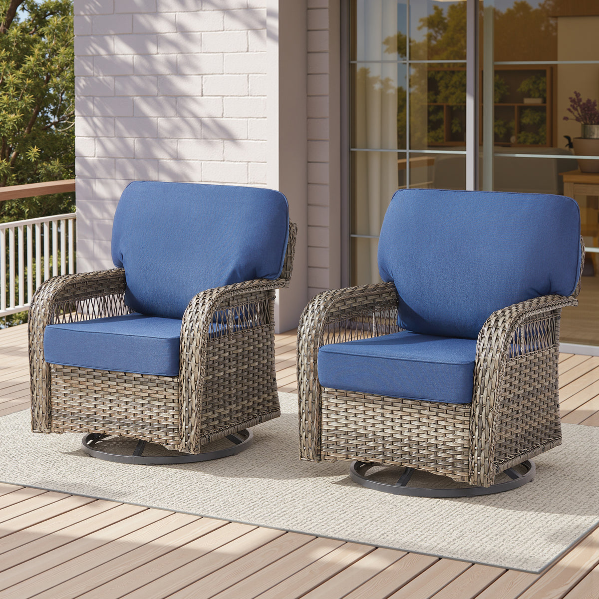 Wicker Swivel Outdoor Glider Chair with Blue Cushions, Set of 2, 5 in Cushion