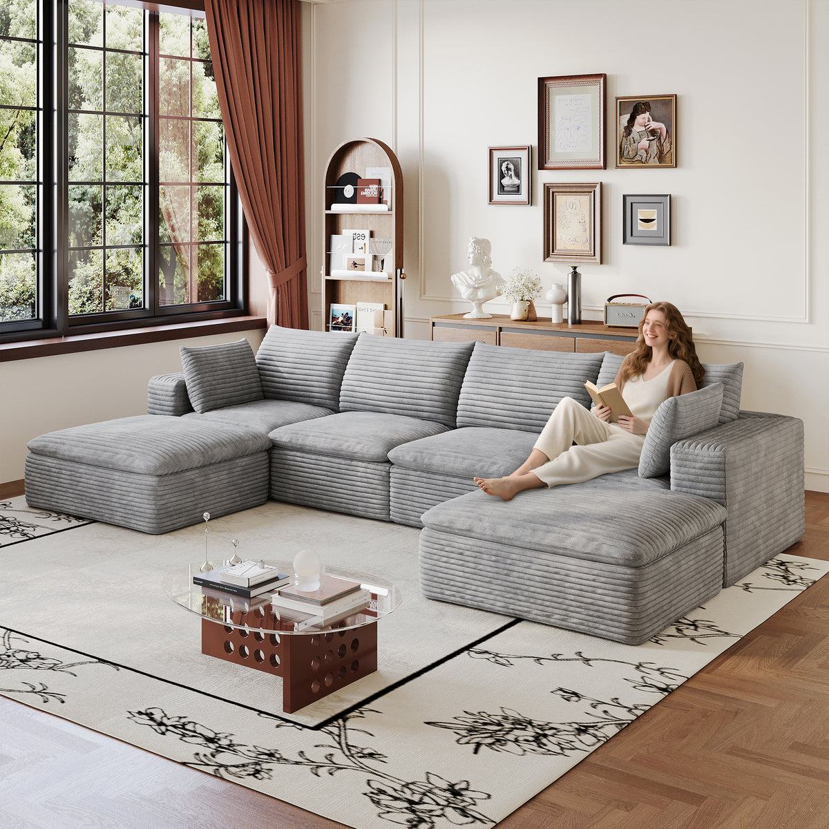 Gray Corduroy Modular 6-Seat Couch, No Assembly, 134 in Wide