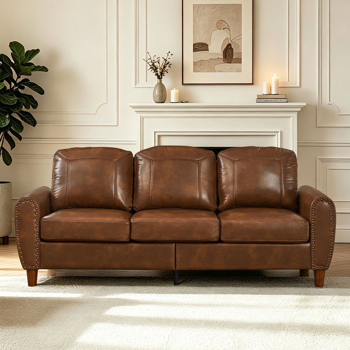 Brown Vegan Leather 3-Seat Couch, 81.5 in Wide