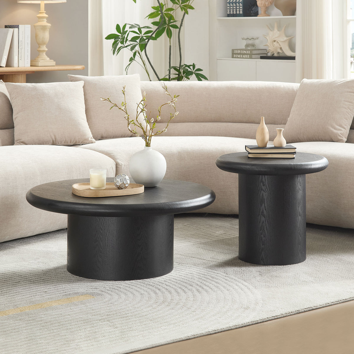 Black Round Coffee Table, Set of 2, 31.5 in