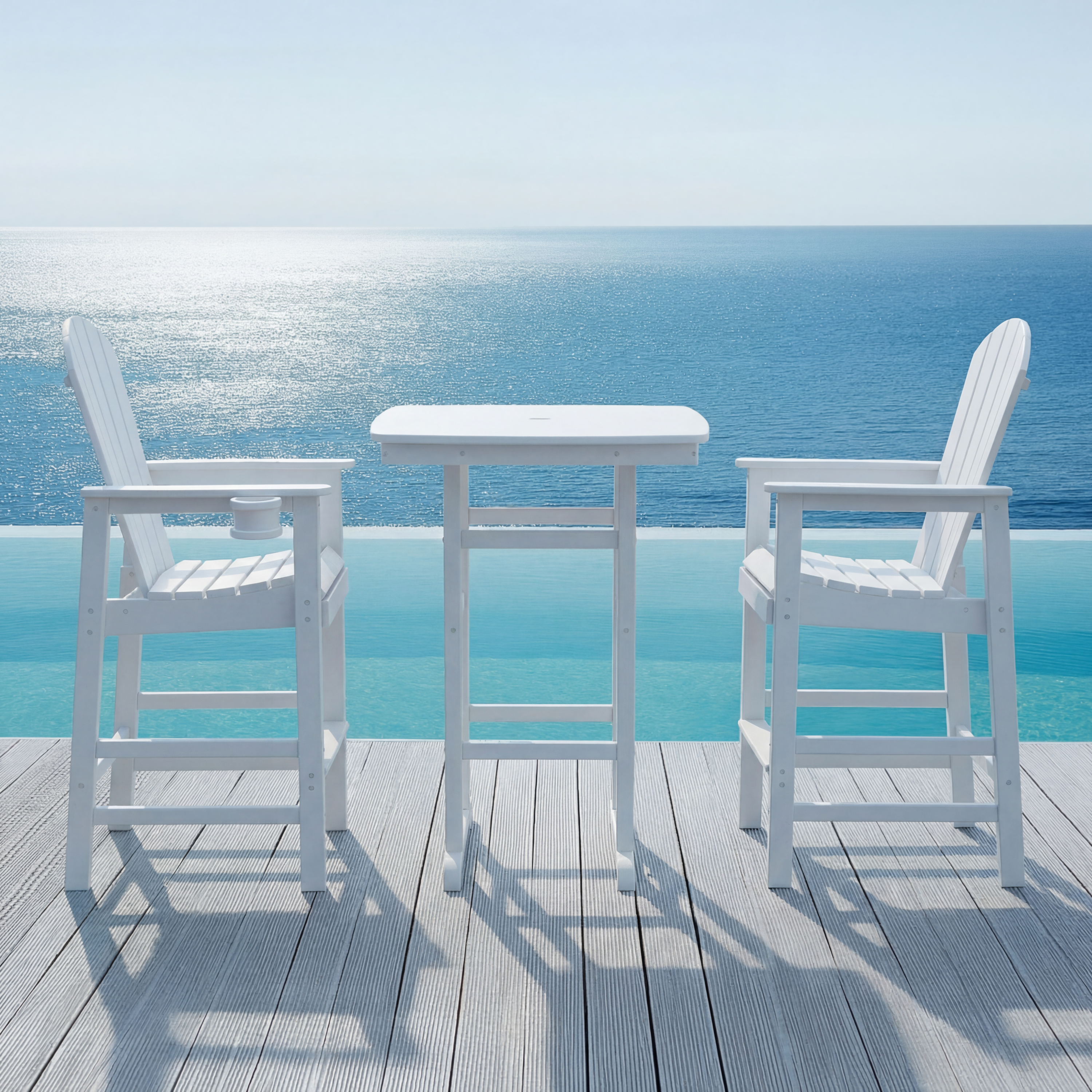 3-Piece Bar Height Patio Set, White Square HDPE Table and 2 Stools