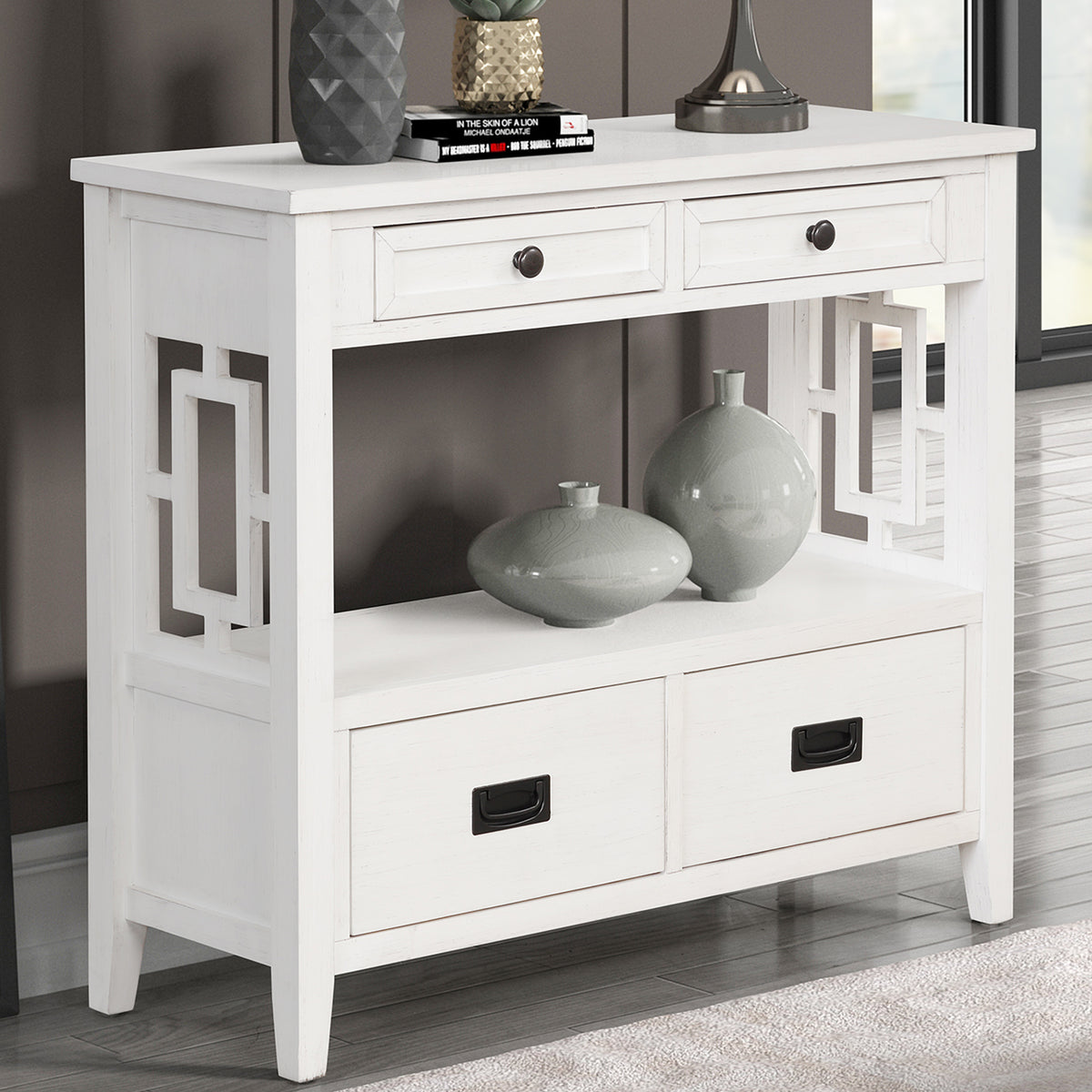 White Entryway Console Table, 4 Drawers, 36 in Wide