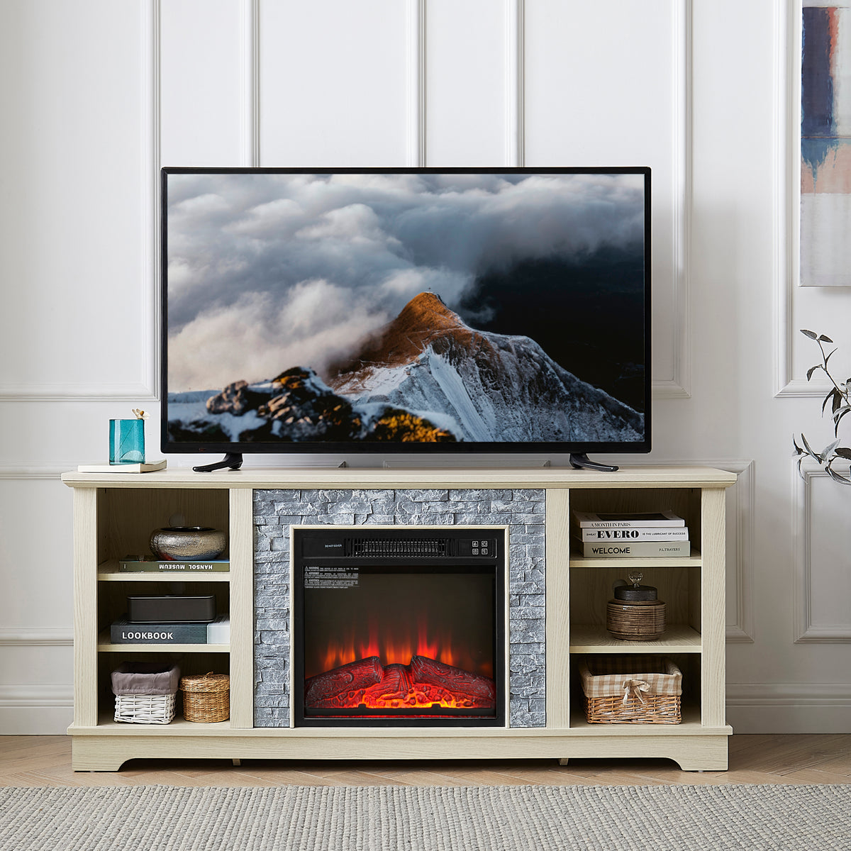 White Fireplace TV Stand, 58.3 in Wide