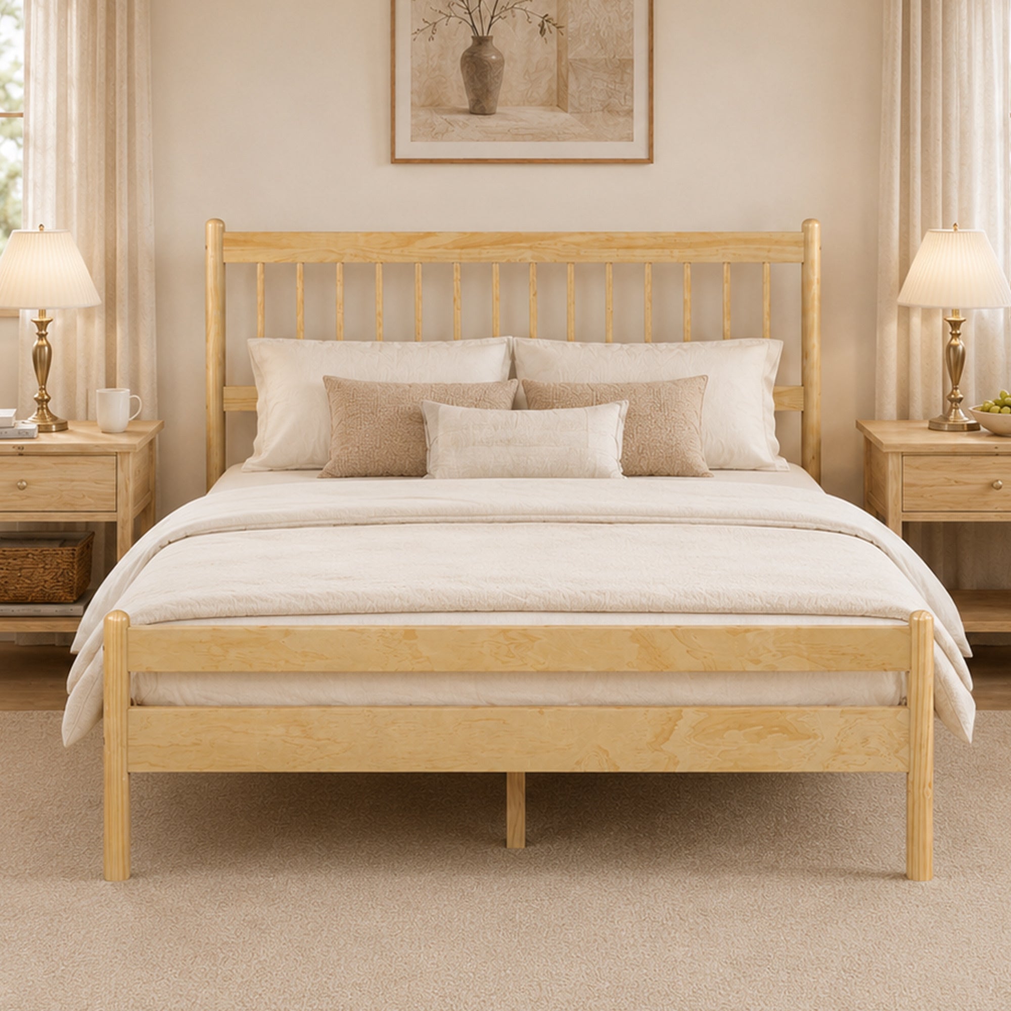 Front view of a styled bedroom with the natural pine spindle bed, cream bedding and pine nightstands #Color_Natural
