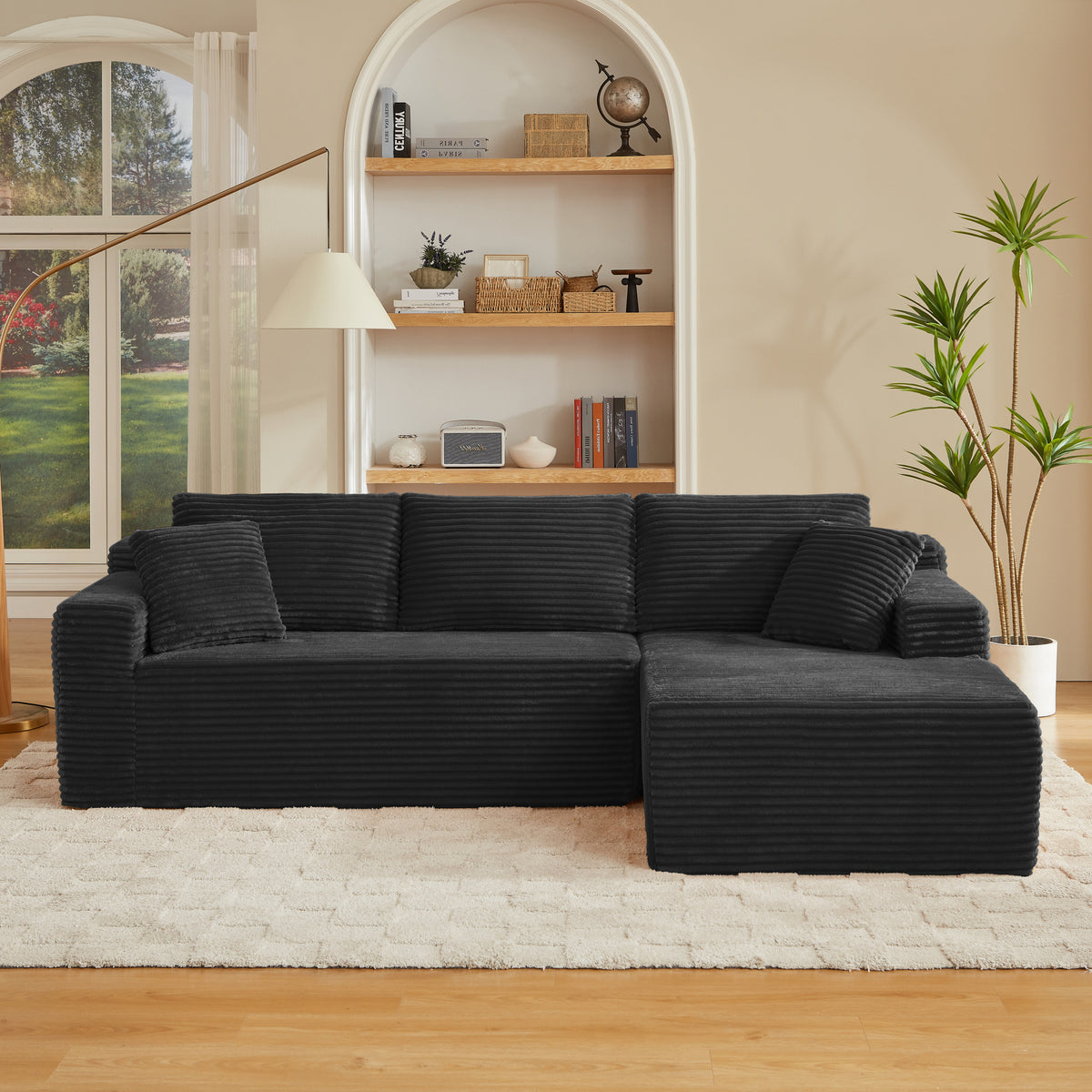 Black Corduroy L-Shaped Modular Sectional, 103.2 in Wide, Right-Facing