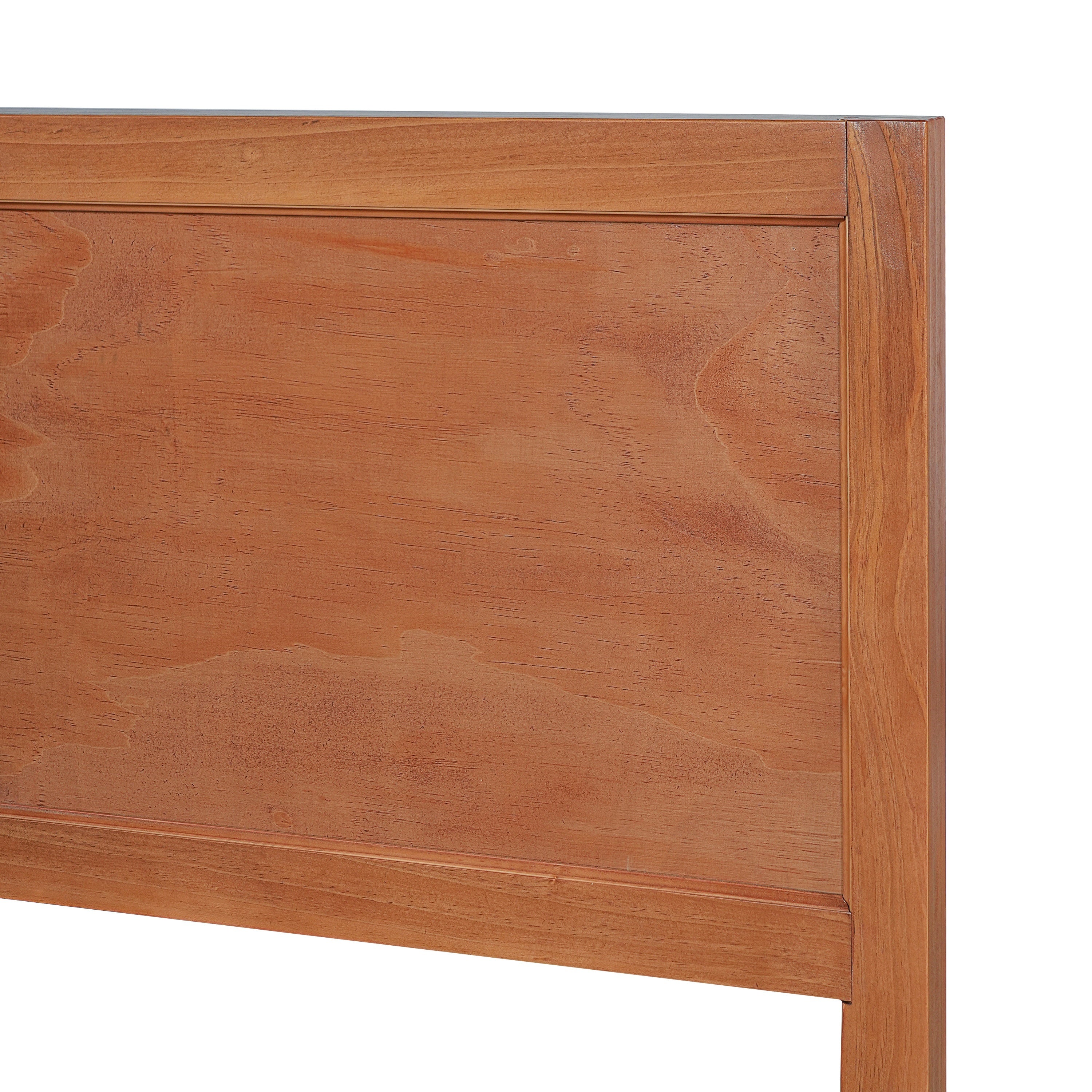 Close-up of a framed headboard panel showing the warm brown wood grain finish