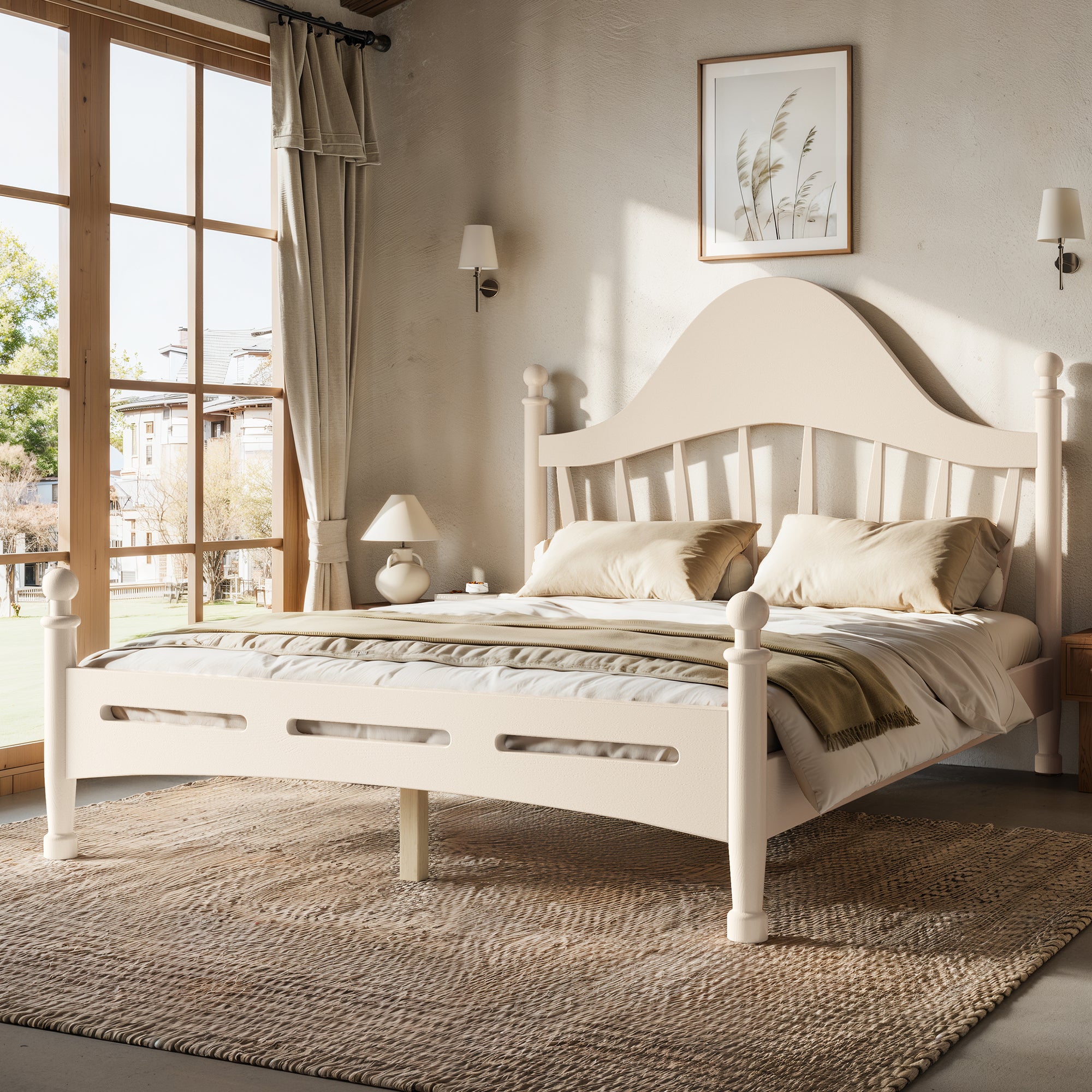Full Size Platform Bed with Curved Headboard, Beige