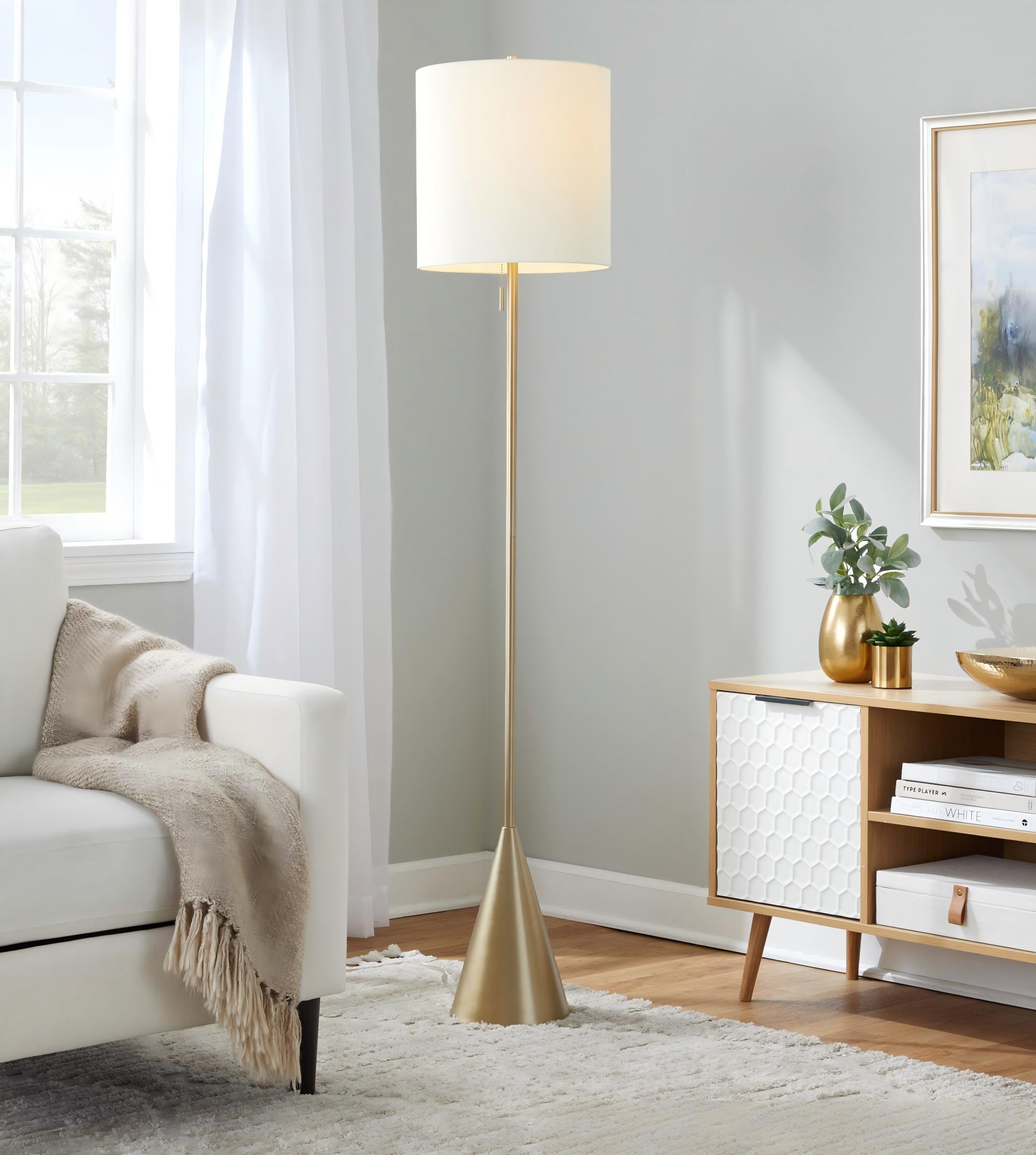 Floor Lamp with White Linen Shade in Gold Metal
