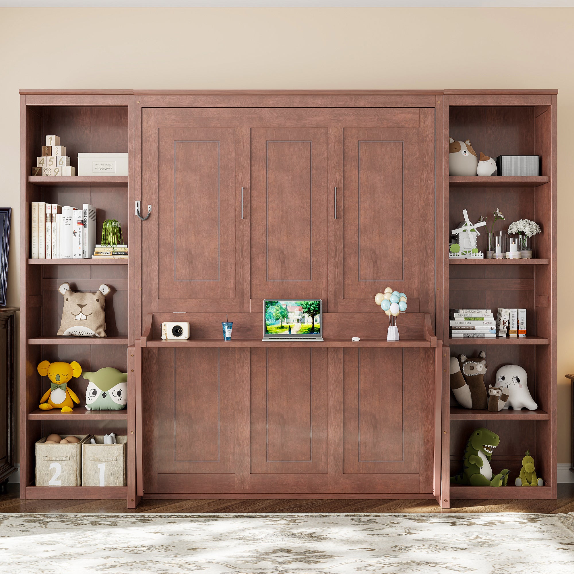 Murphy Bed with Desk and Bookshelf, Dark Brown