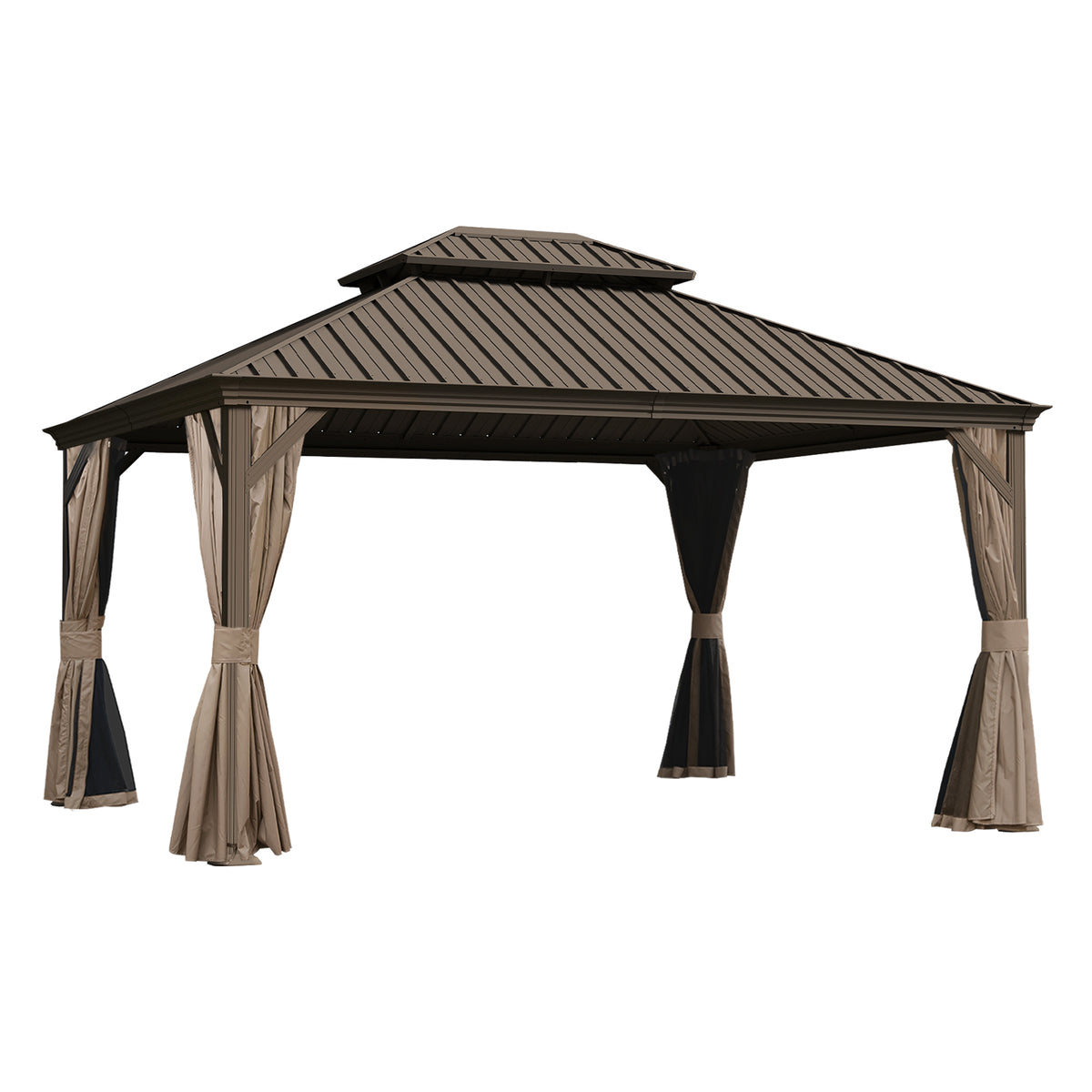 10x13 ft Brown Metal Double Roof Hardtop Gazebo with Netting and Curtains