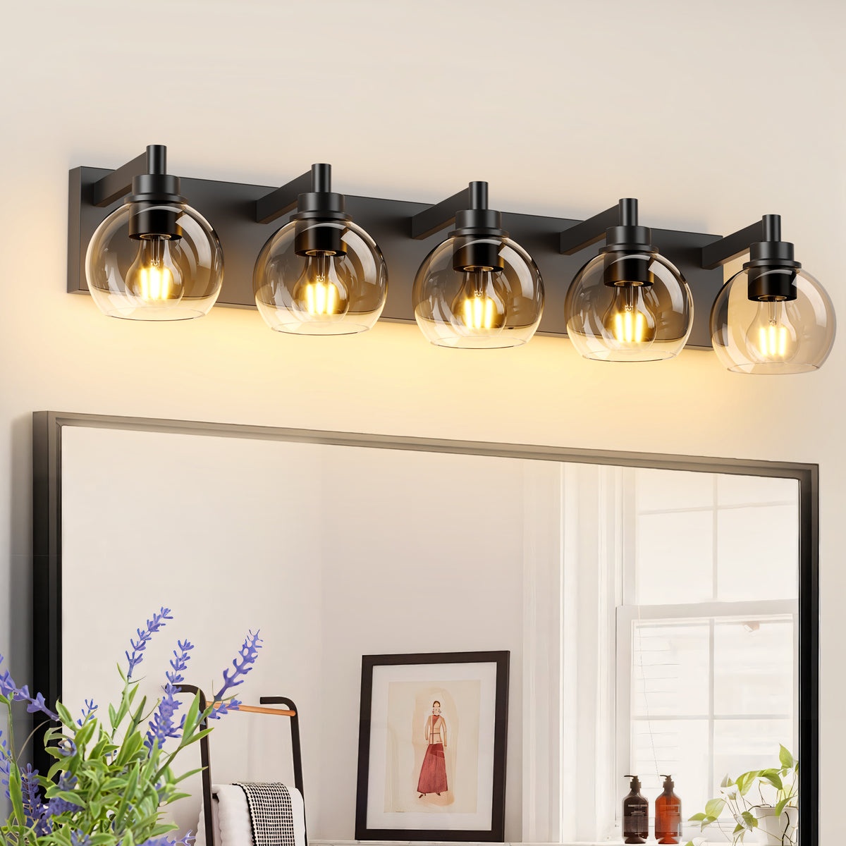Black Globe 5-Light Vanity Light, 34 in, glass Shade