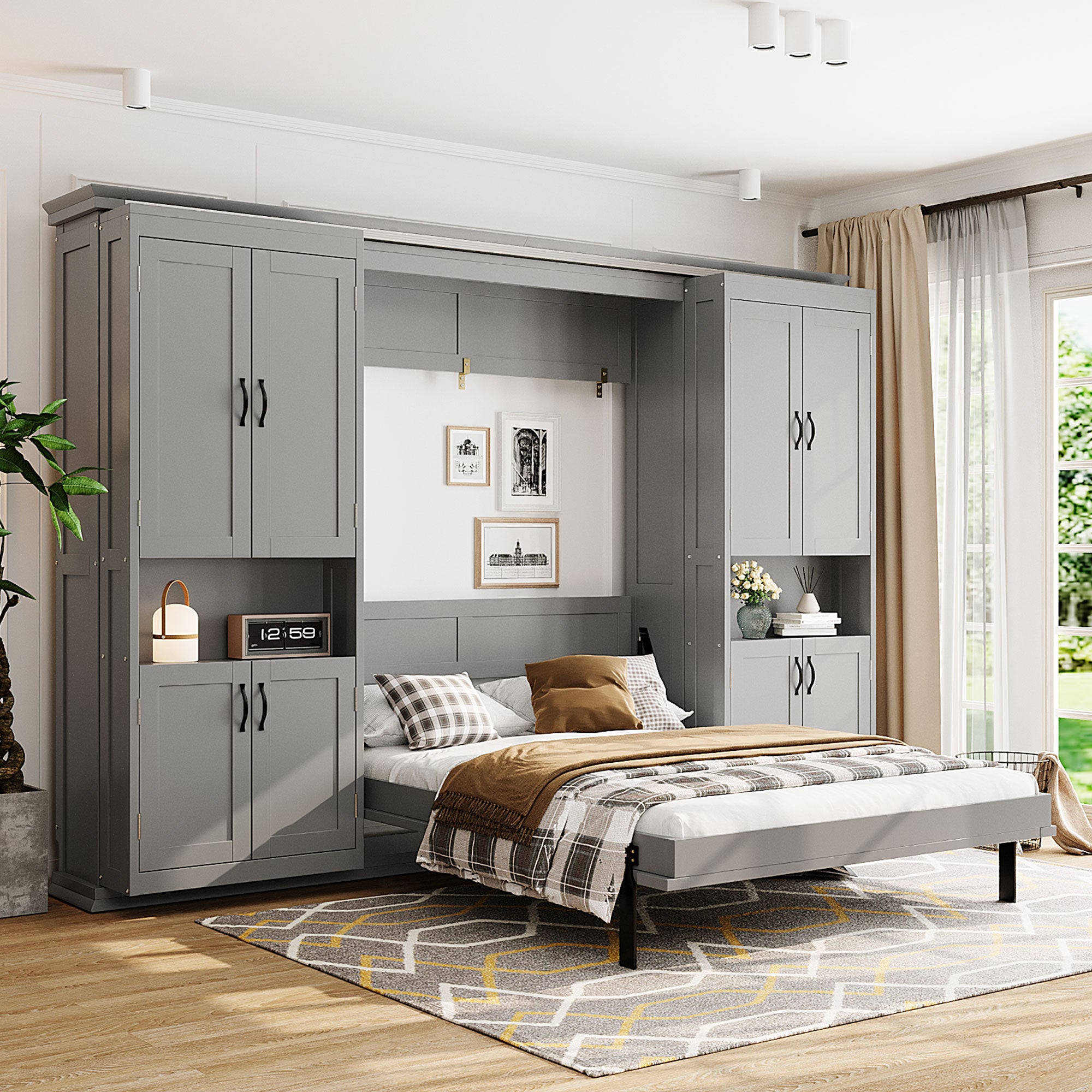 Full Murphy Bed with Sliding Cabinets & 6-Tier Shelves, Gray