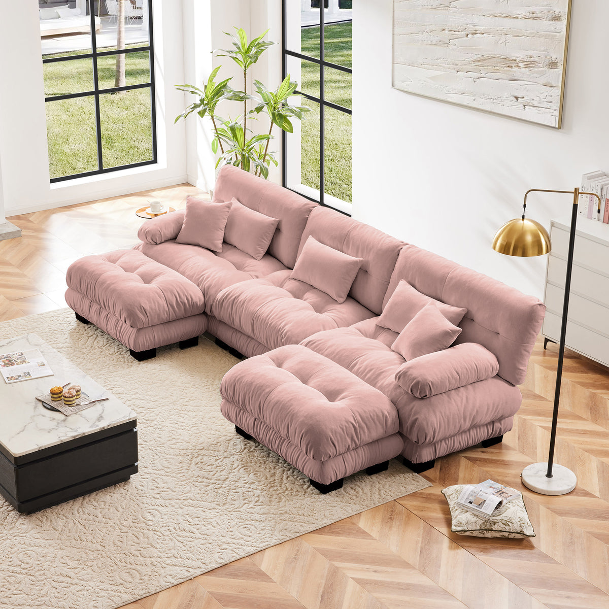 Pink Chenille Modular Sectional Couch with 2 Ottomans, 3-Seat