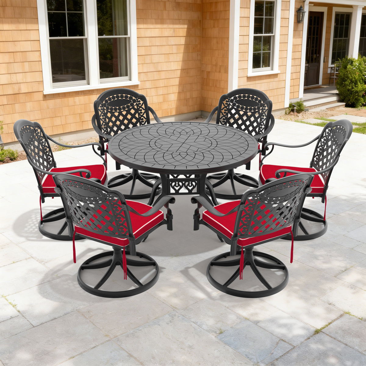 Black Aluminum 7-Piece Patio Dining Set for 6 with Cushions, Round