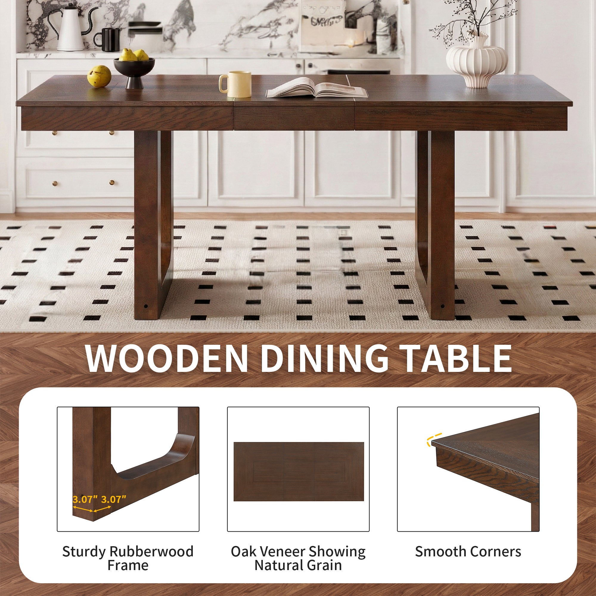 Feature graphic for the wooden dining table noting rubberwood frame, oak veneer grain, and smooth corners