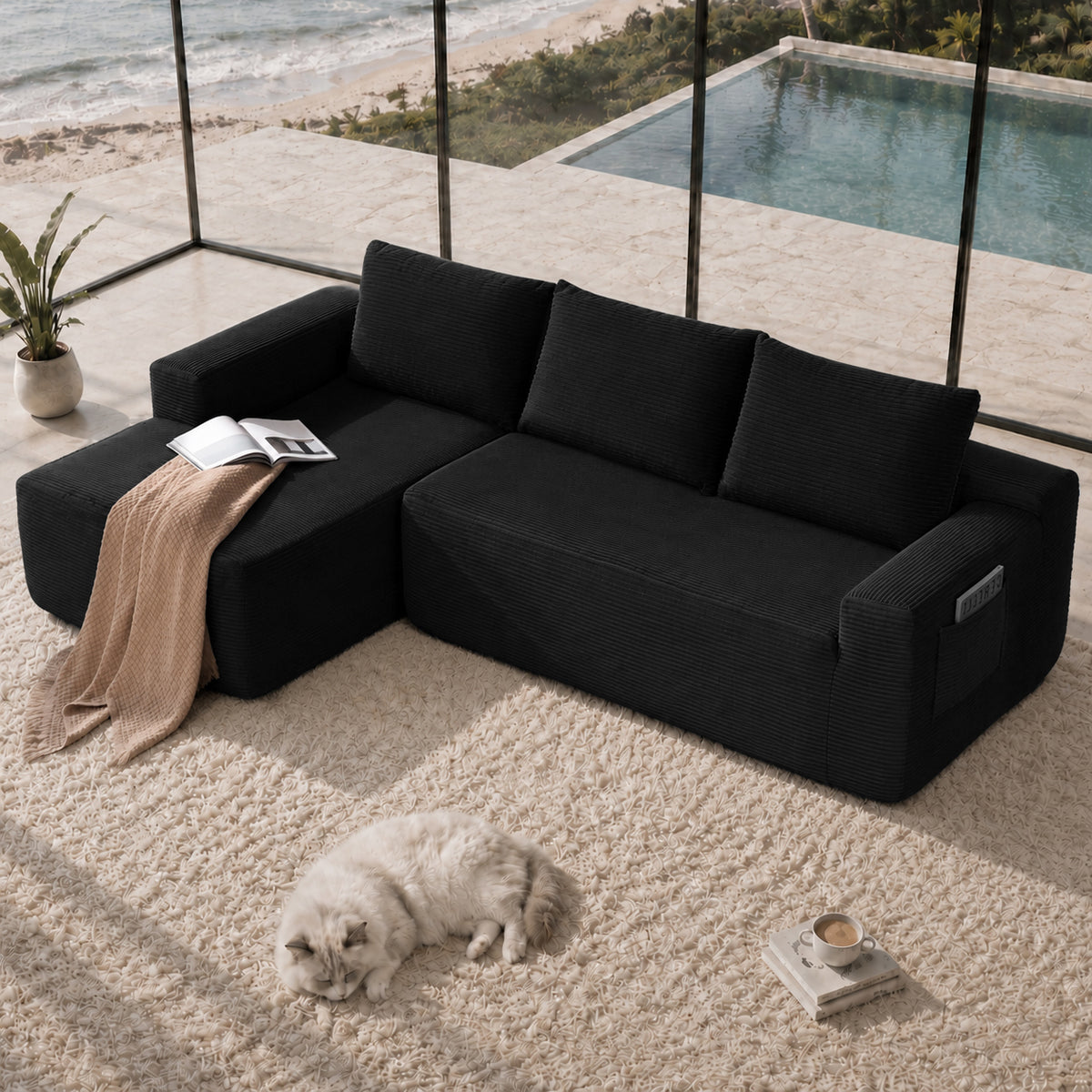 Black Corduroy L-Shaped Modular Sectional, 104 in Wide, Left-Facing