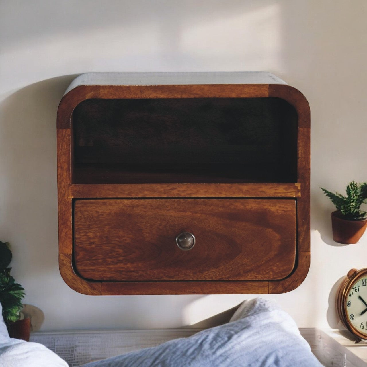 Small Wall Mounted Nightstand, 1 Drawer, Solid Mango Wood