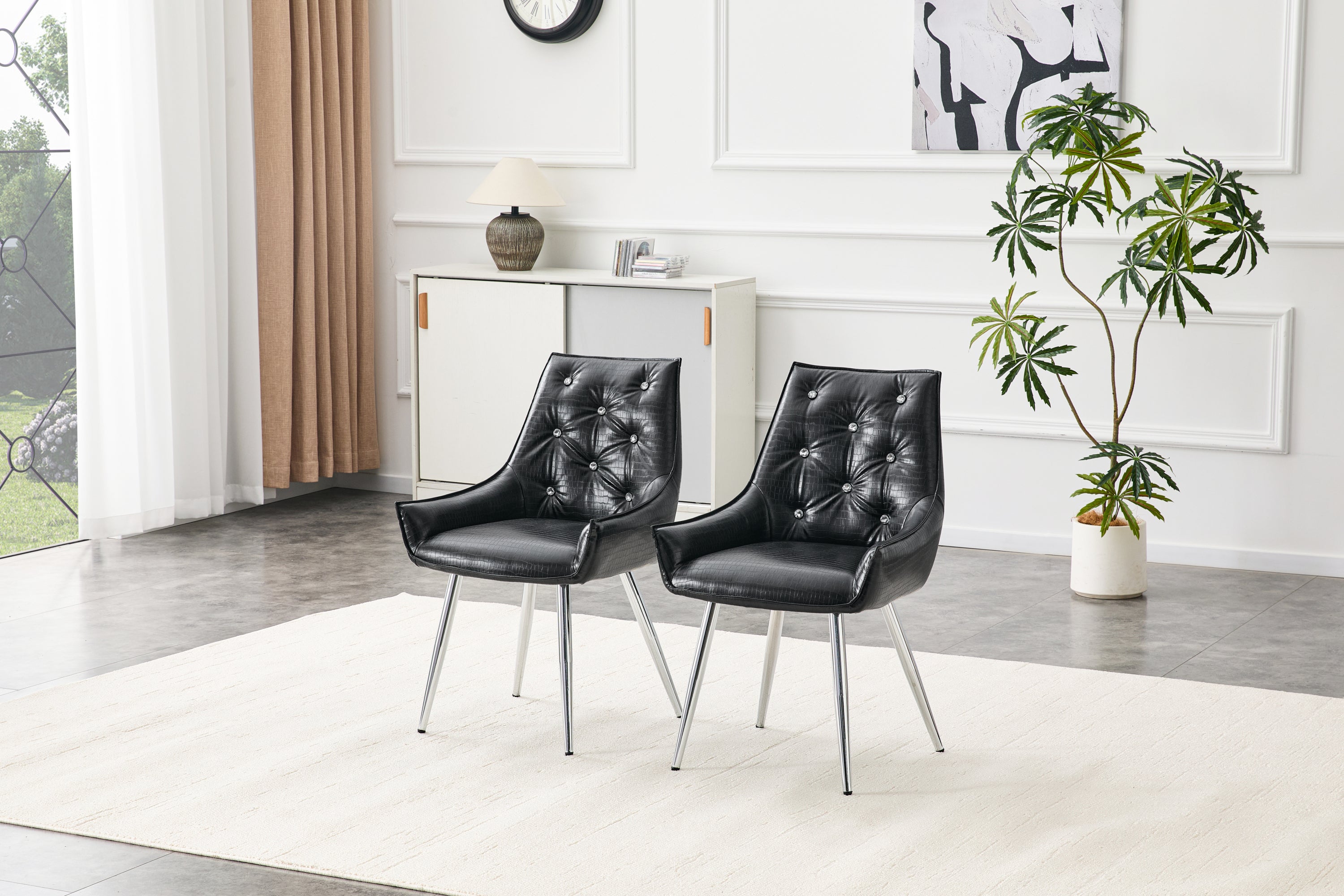 Vegan Leather Dining Chairs Set of 2, Black Croc with Chrome Legs