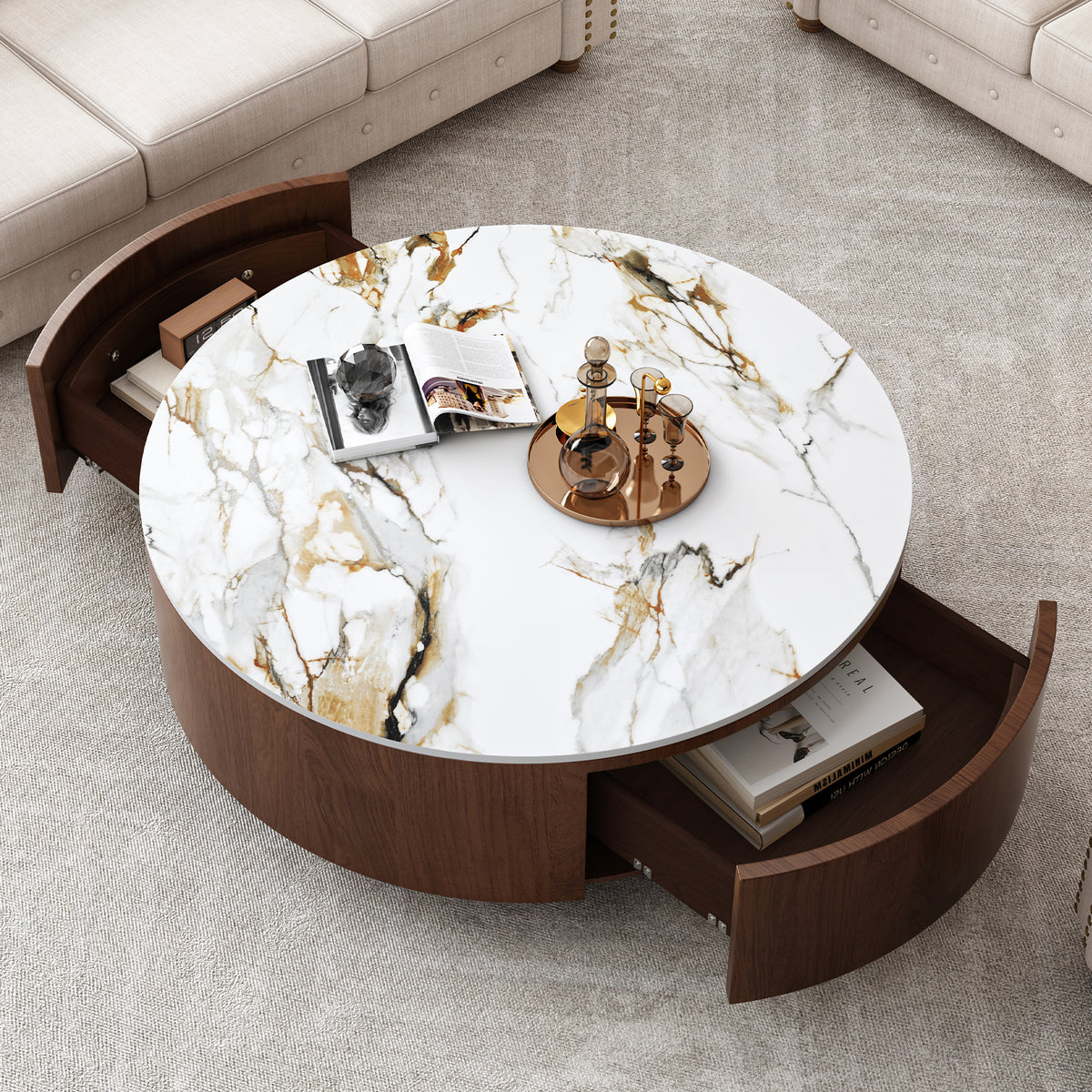 Walnut Sintered Stone Round Coffee Table, 2 Drawers, 31.5 in