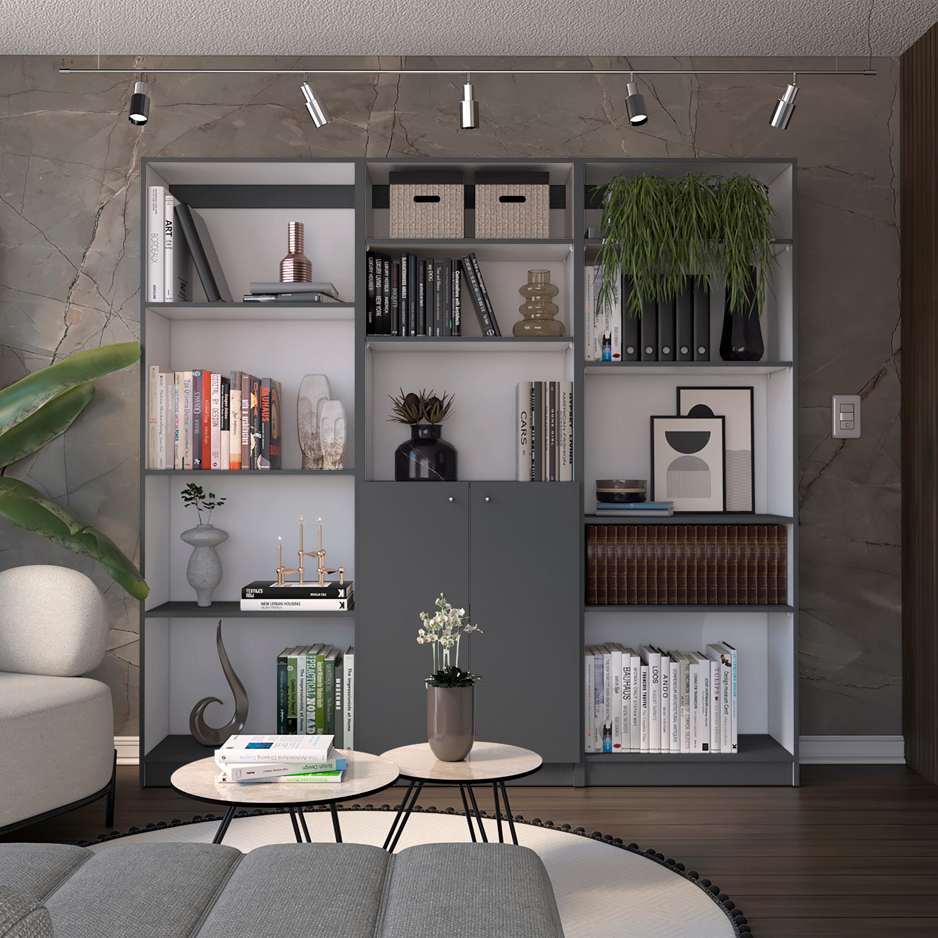 Bookcase with Doors, 74.1 in, Grey