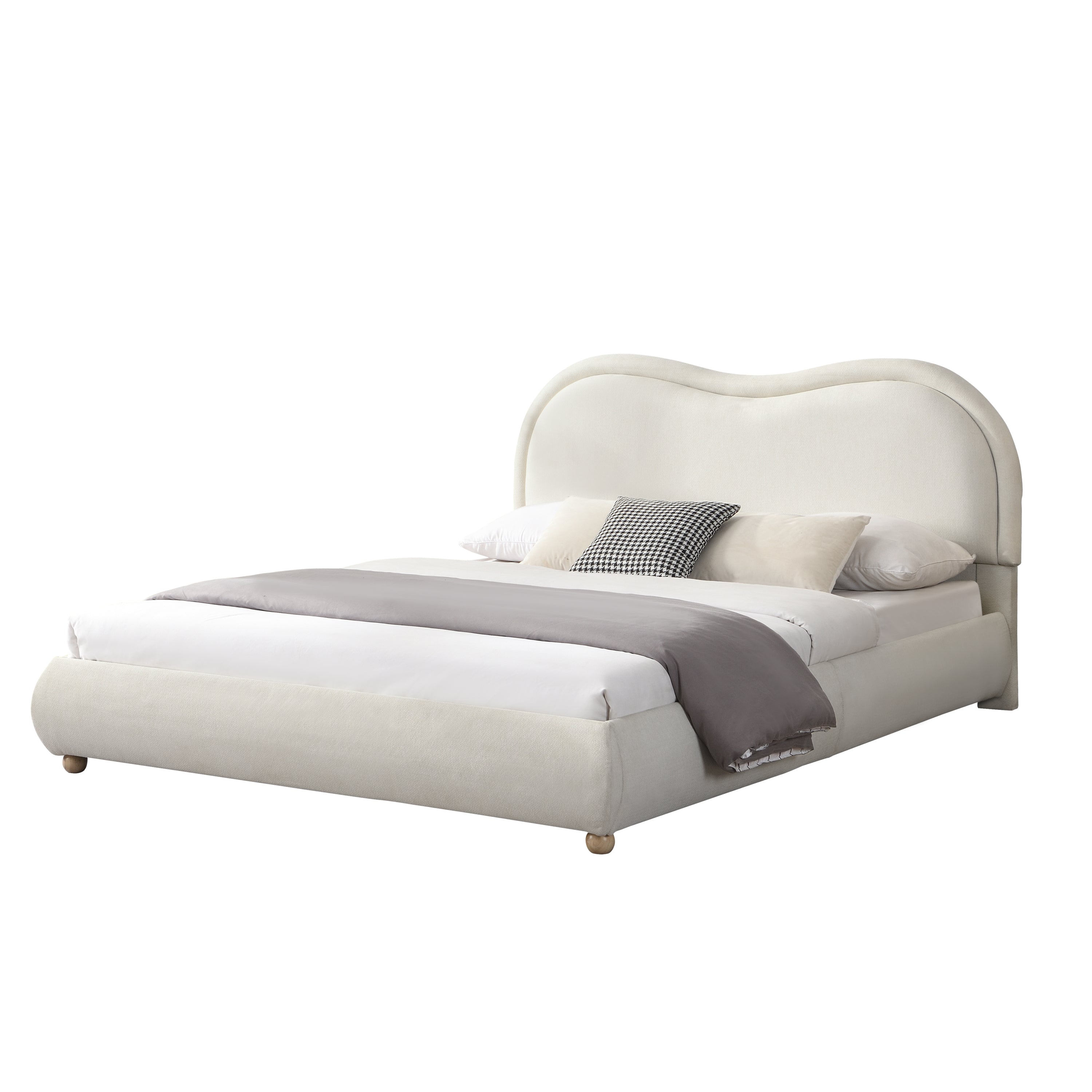 Angled studio view of beige chenille platform bed with pillows on white background #Color_Beige